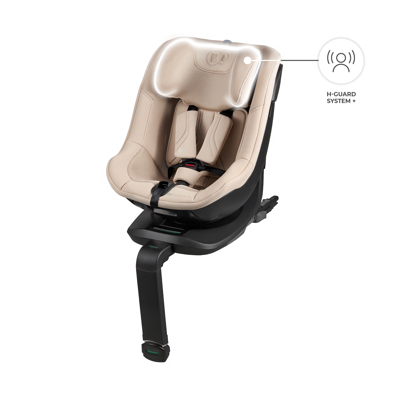 Beiger Kinderautositz mit H-Guard-System und schwarzer Basis auf weißem Grund.