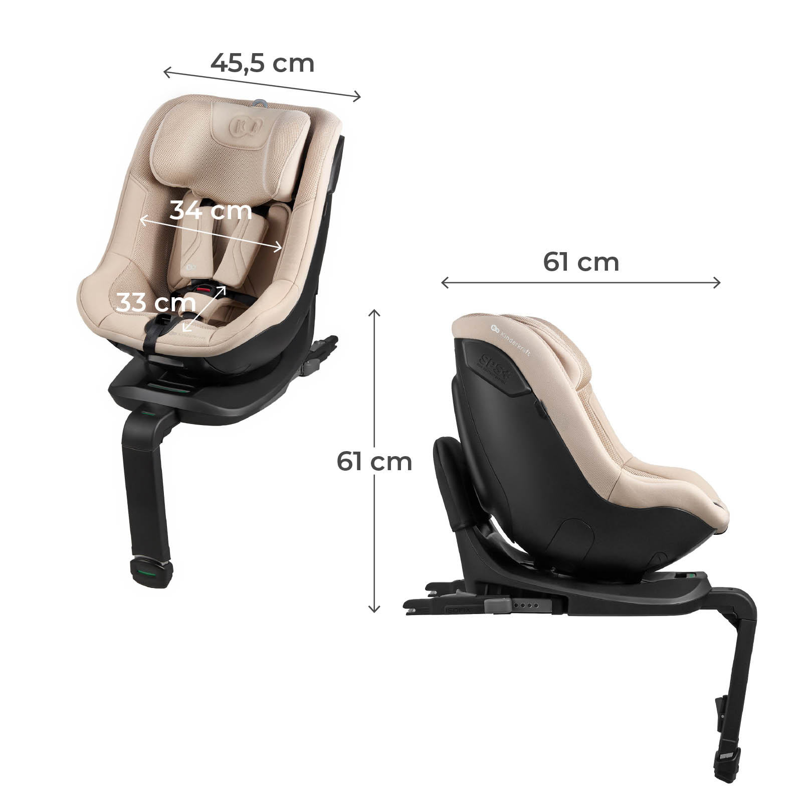 Beige und schwarzer Kindersitz mit Maßangaben von vorne und der Seite auf weißem Hintergrund.