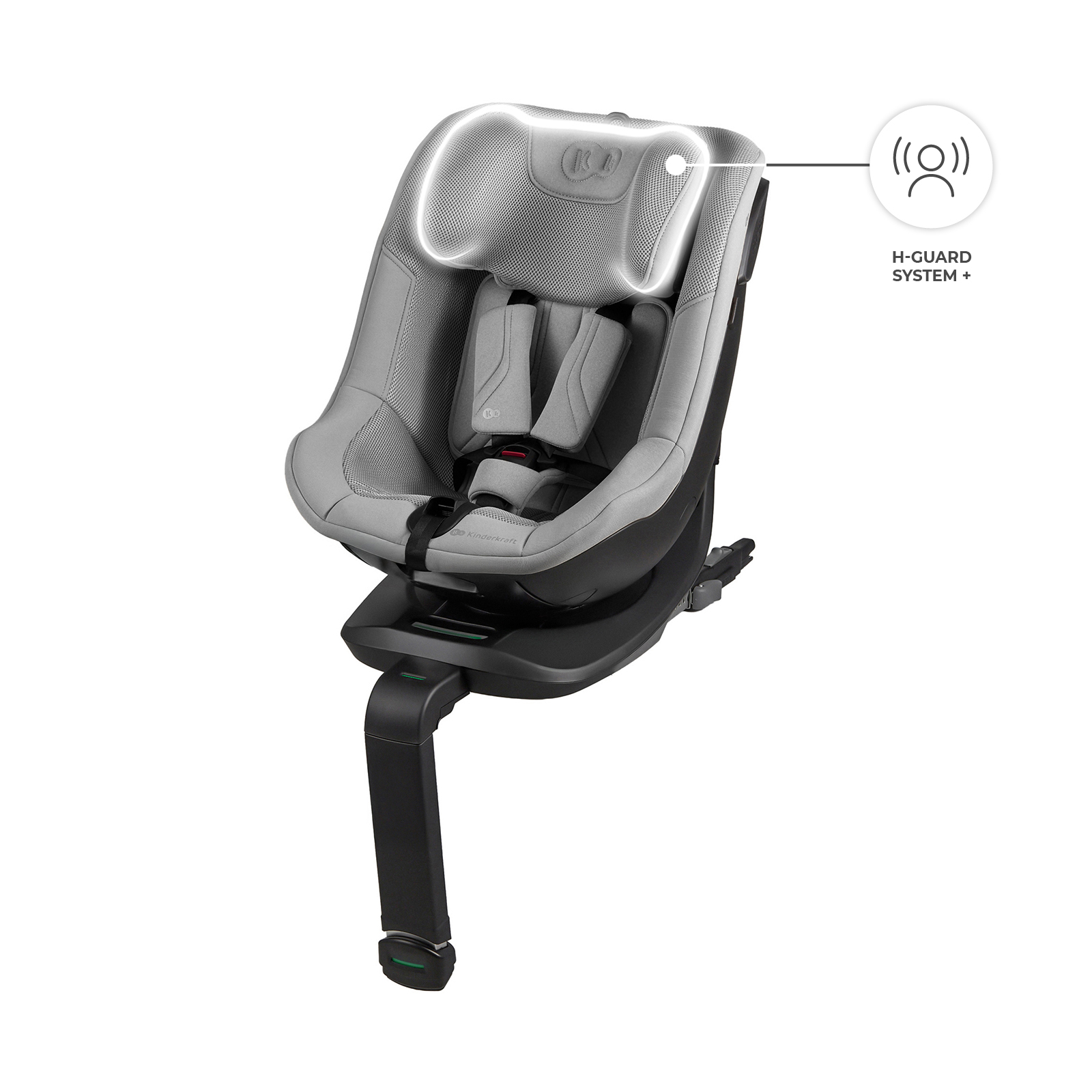 Grauer Kindersitz mit Basis und Stützbein auf weißem Hintergrund, H-Guard-System hervorgehoben.