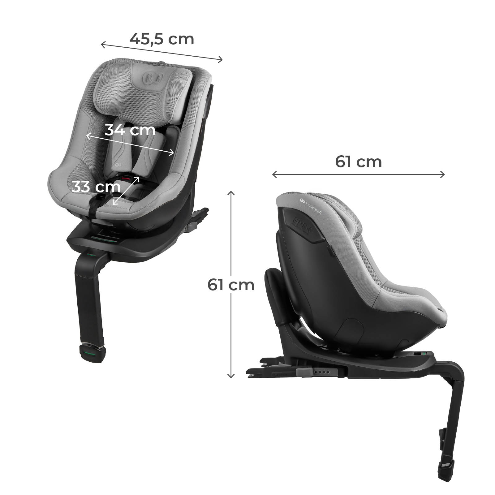 Grau-schwarzer Kindersitz mit Basis und Stützfuß, zeigt Abmessungen wie Breite 45,5 cm und Höhe 61 cm.