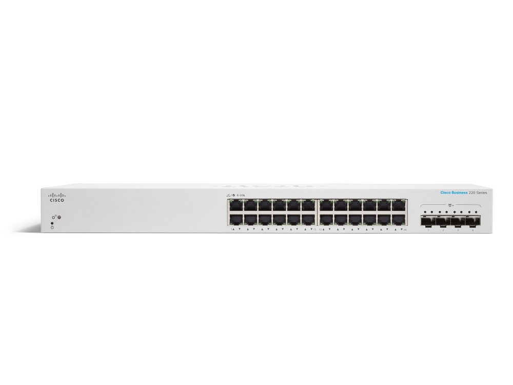 Een witte Cisco Business 220 Series netwerkschakelaar met talrijke Ethernet-poorten tegen een witte achtergrond.