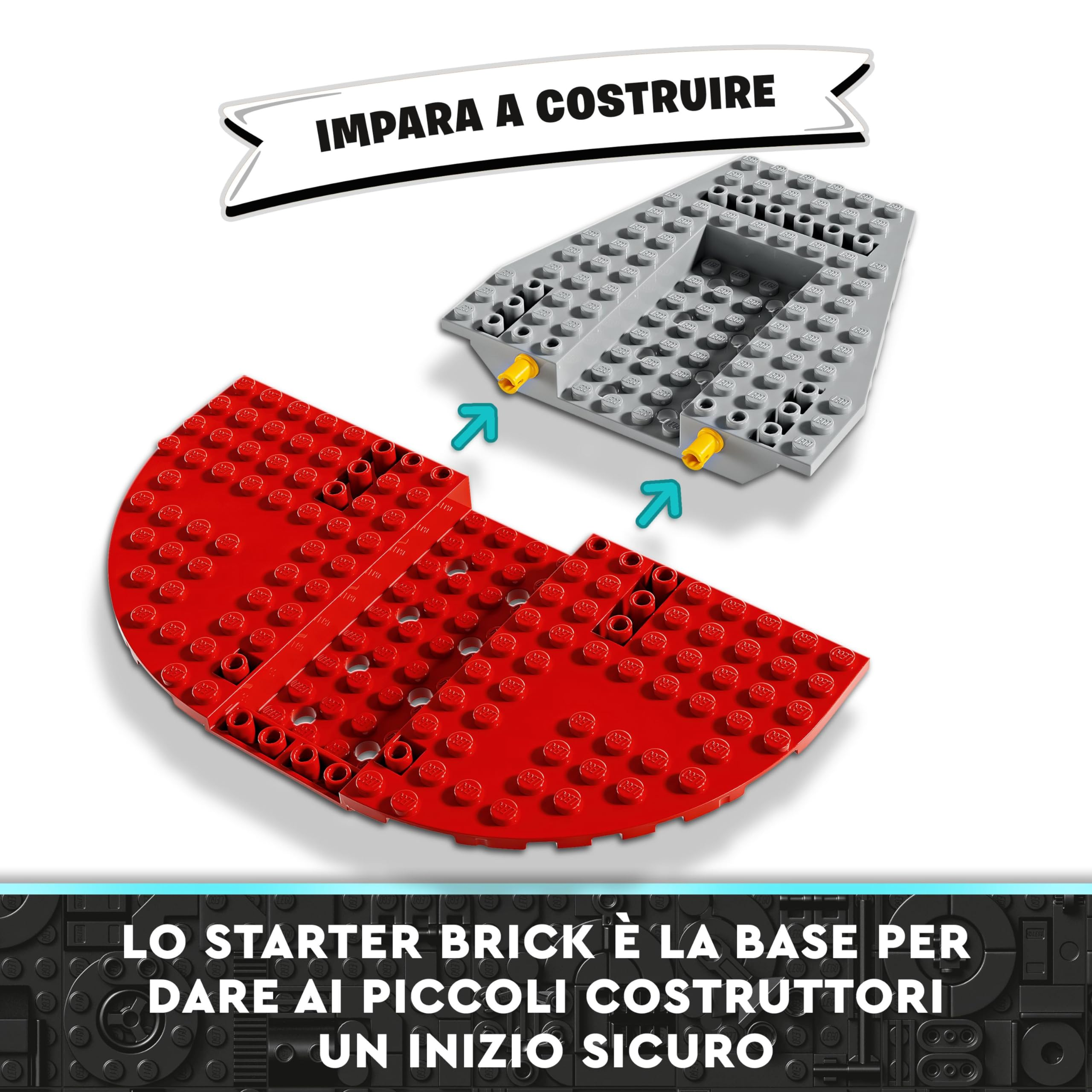 Istruzione Lego che mostra l'assemblaggio di una base grigia e di una grande piastra rossa con connettori gialli.