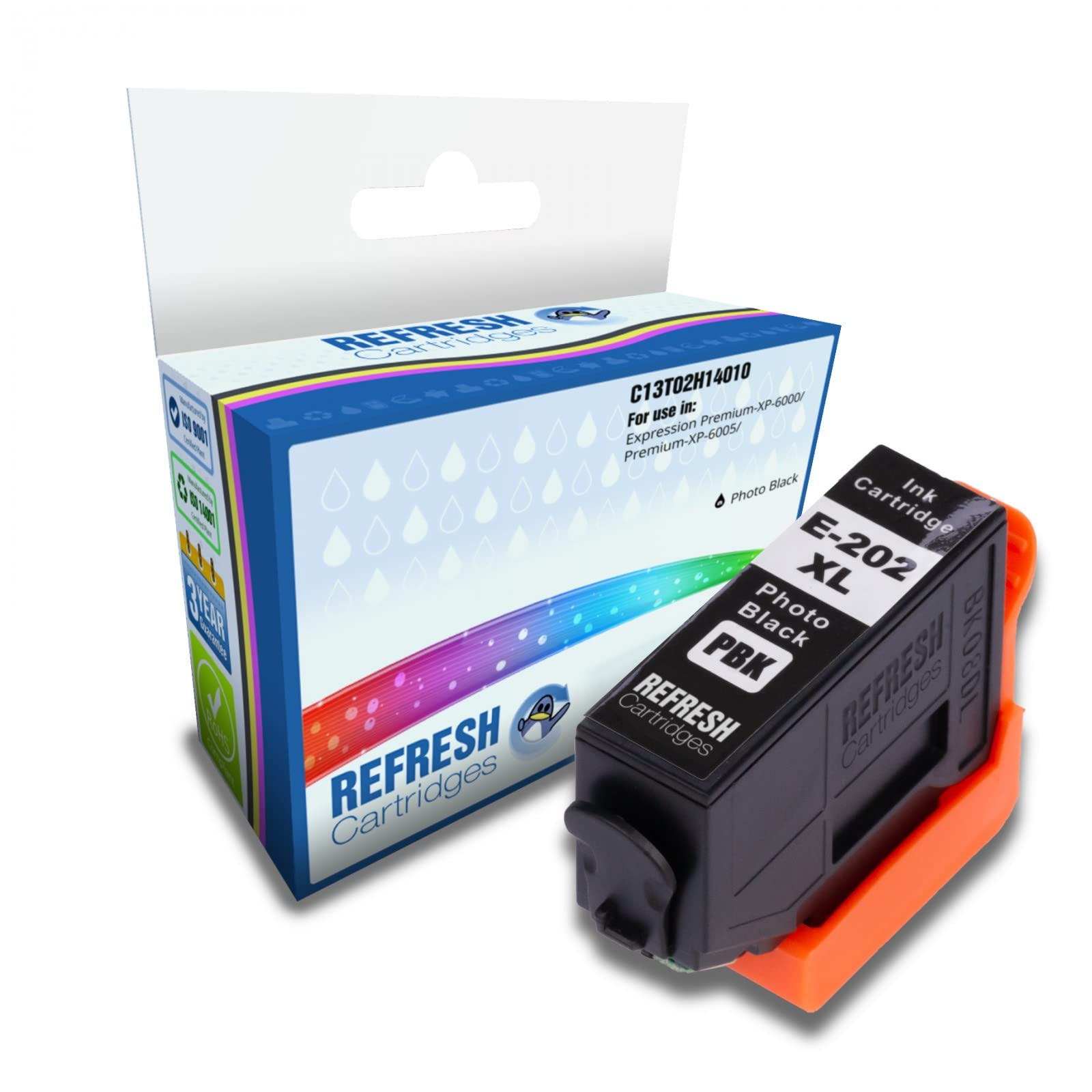 Cartucho de tinta negro fotográfico Refresh Cartridges E-202 XL junto a su caja azul y blanca sobre fondo blanco.