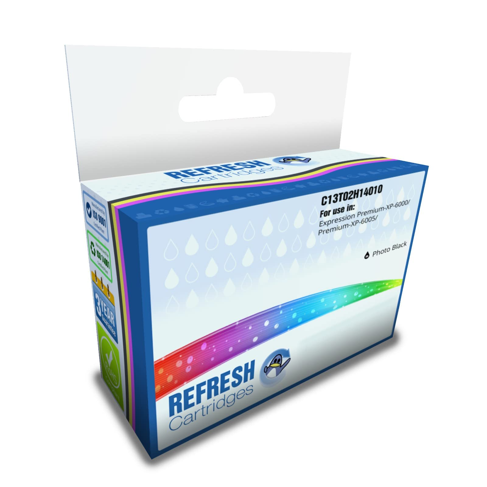 Embalaje de cartucho de impresora Refresh azul con franjas coloridas y texto.
