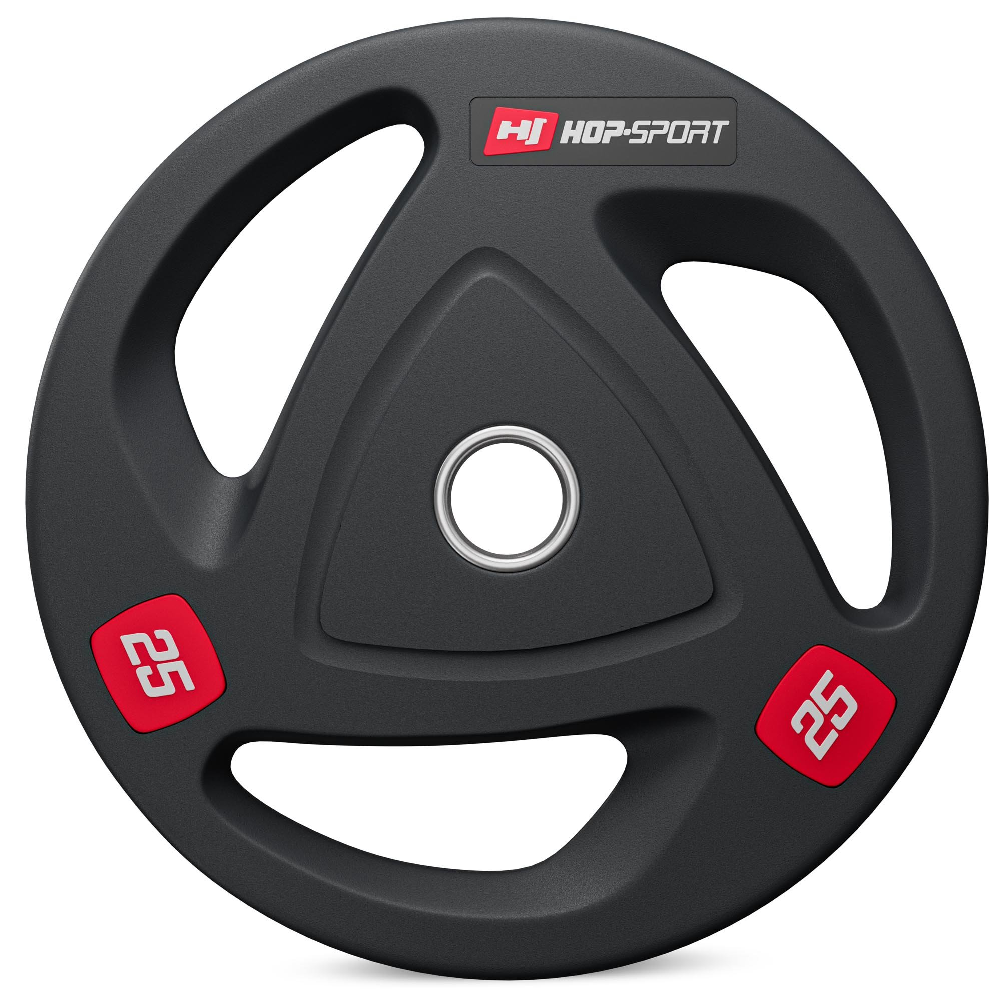 Schwarze 25 kg Hantelscheibe mit drei Griffen und rotem Hop-Sport-Logo.