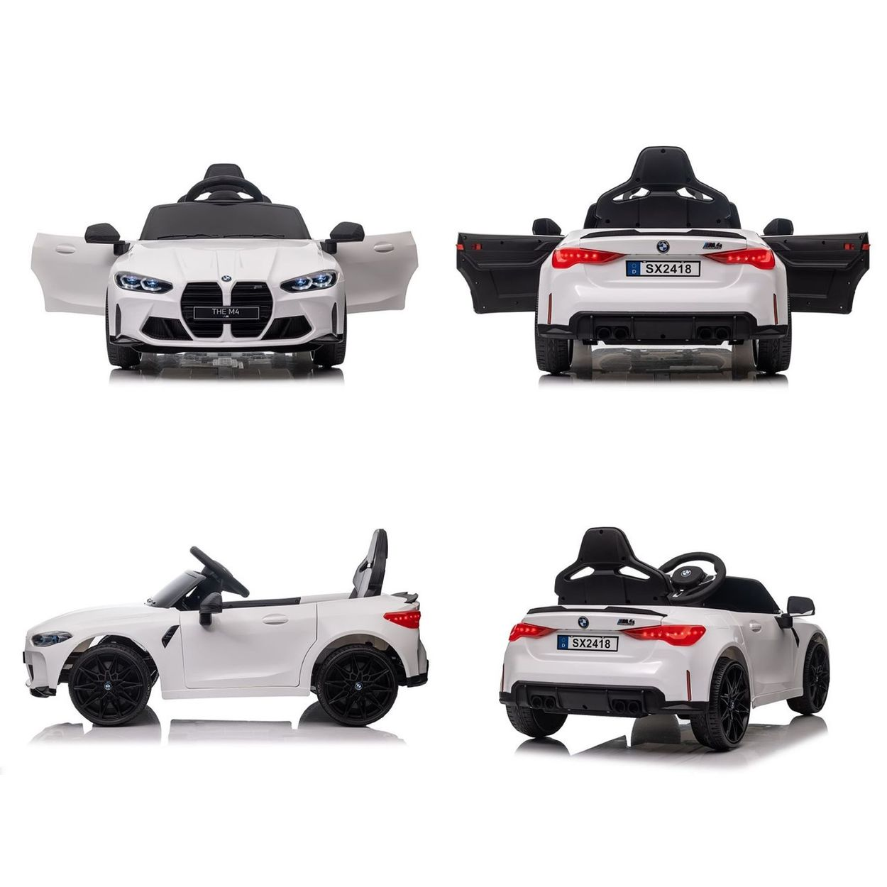 Vier Ansichten eines wei ßen Kinder-Spielzeugautos im BMW-Design mit offenen Türen vor weißem Hintergrund.
