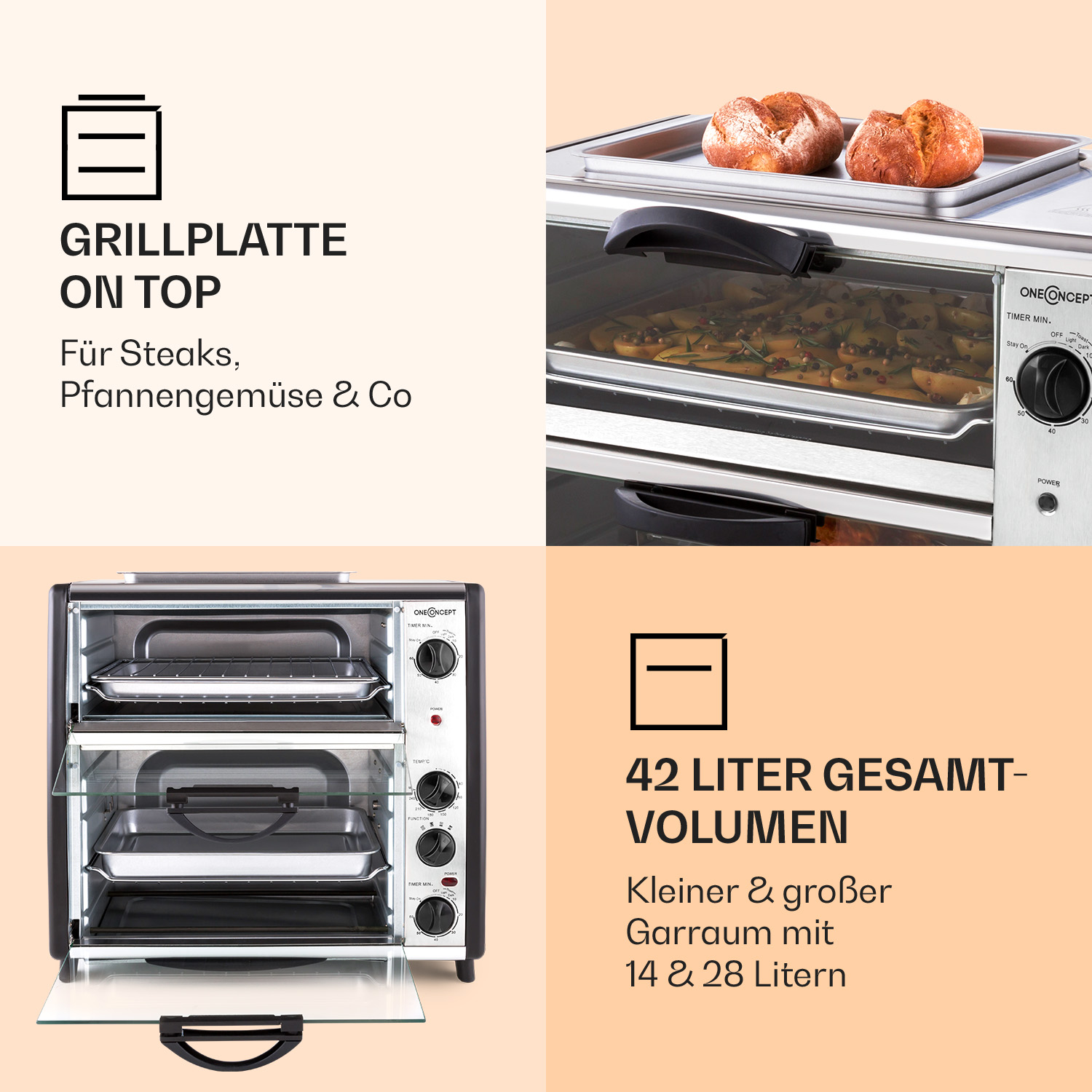 Ein Backofen mit Grillplatte oben und Text zu 42 Liter Gesamtvolumen auf einem beigen Hintergrund.