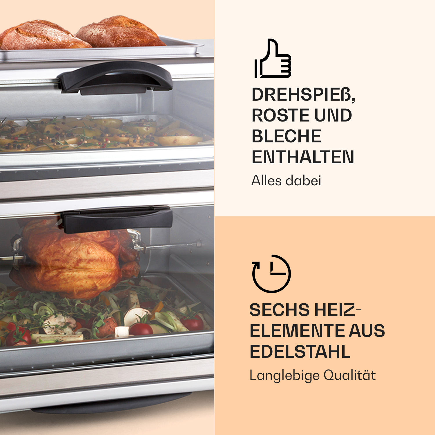 Doppelbackofen mit Brot oben, Braten und Gemüse auf verschiedenen Ebenen und deutscher Text.