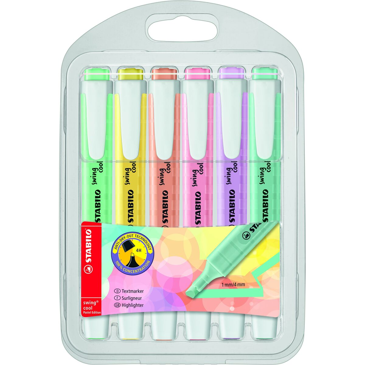 Sechs bunte Stabilo Swing Cool Pastell Textmarker in durchsichtiger Plastikverpackung.