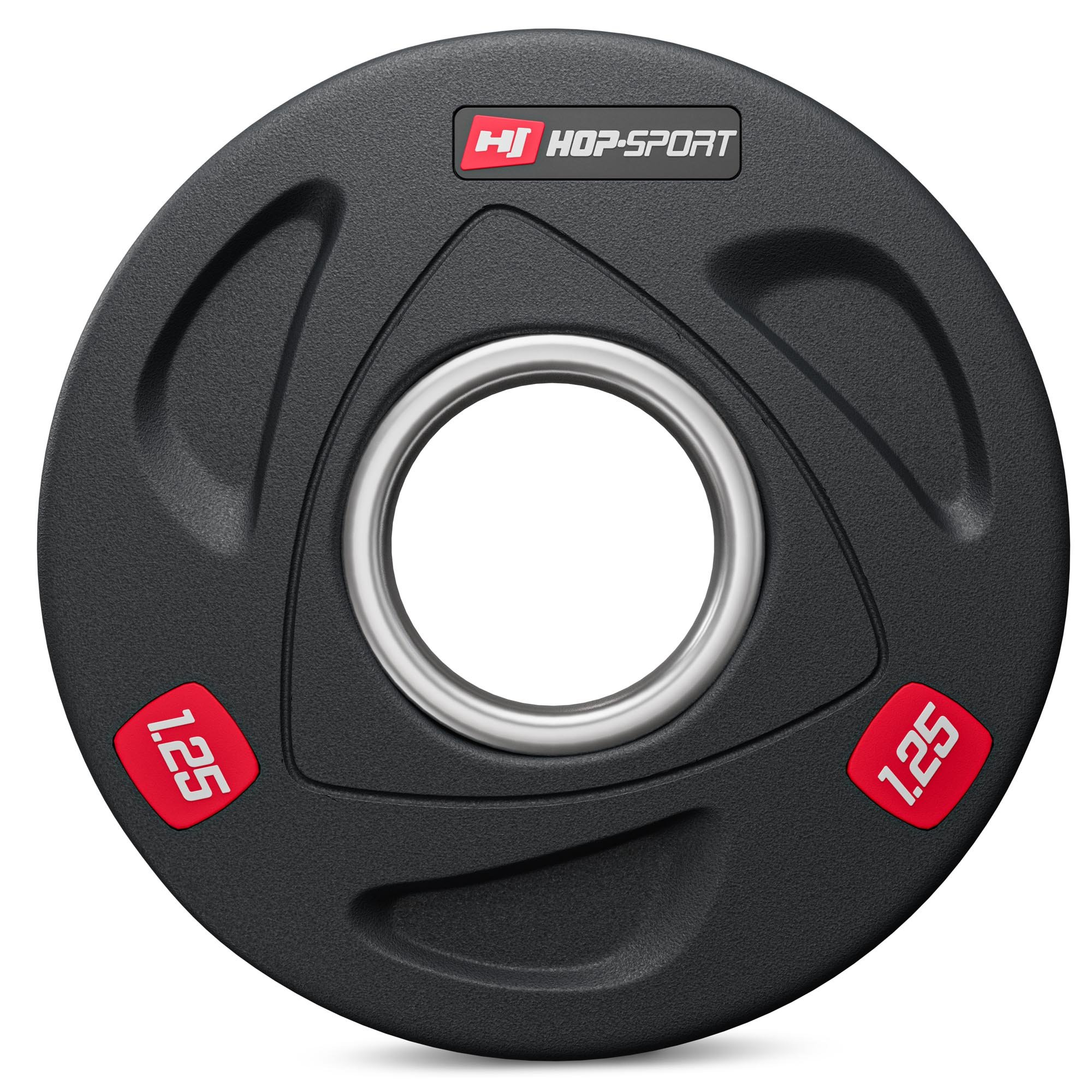 Schwarze Hop-Sport Hantelscheibe 1,25 kg mit drei Griffen und silbernem Mittelring auf weißem Hintergrund.