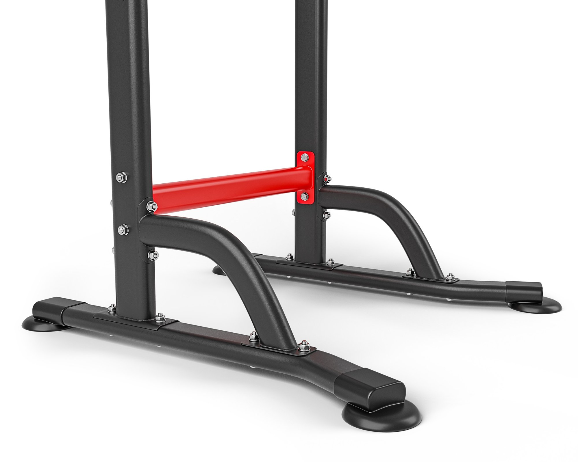 Schwarzes Fitnessgerät mit roten Verbindungsstücken und stabilen Füßen auf weißem Grund.