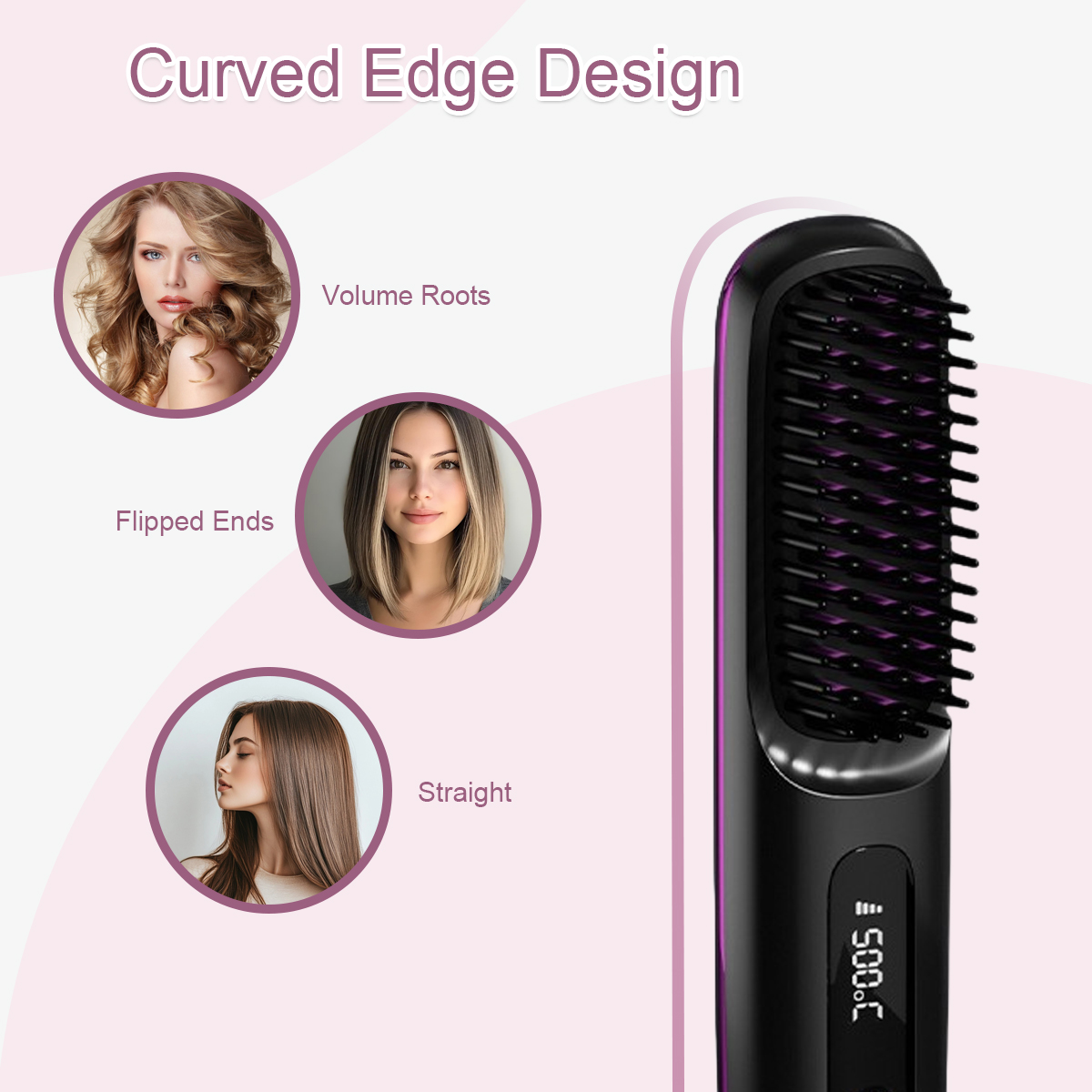 Haarglättungsbürste mit Display und Beispielen für Volumen, Spitzen und glattes Haar.