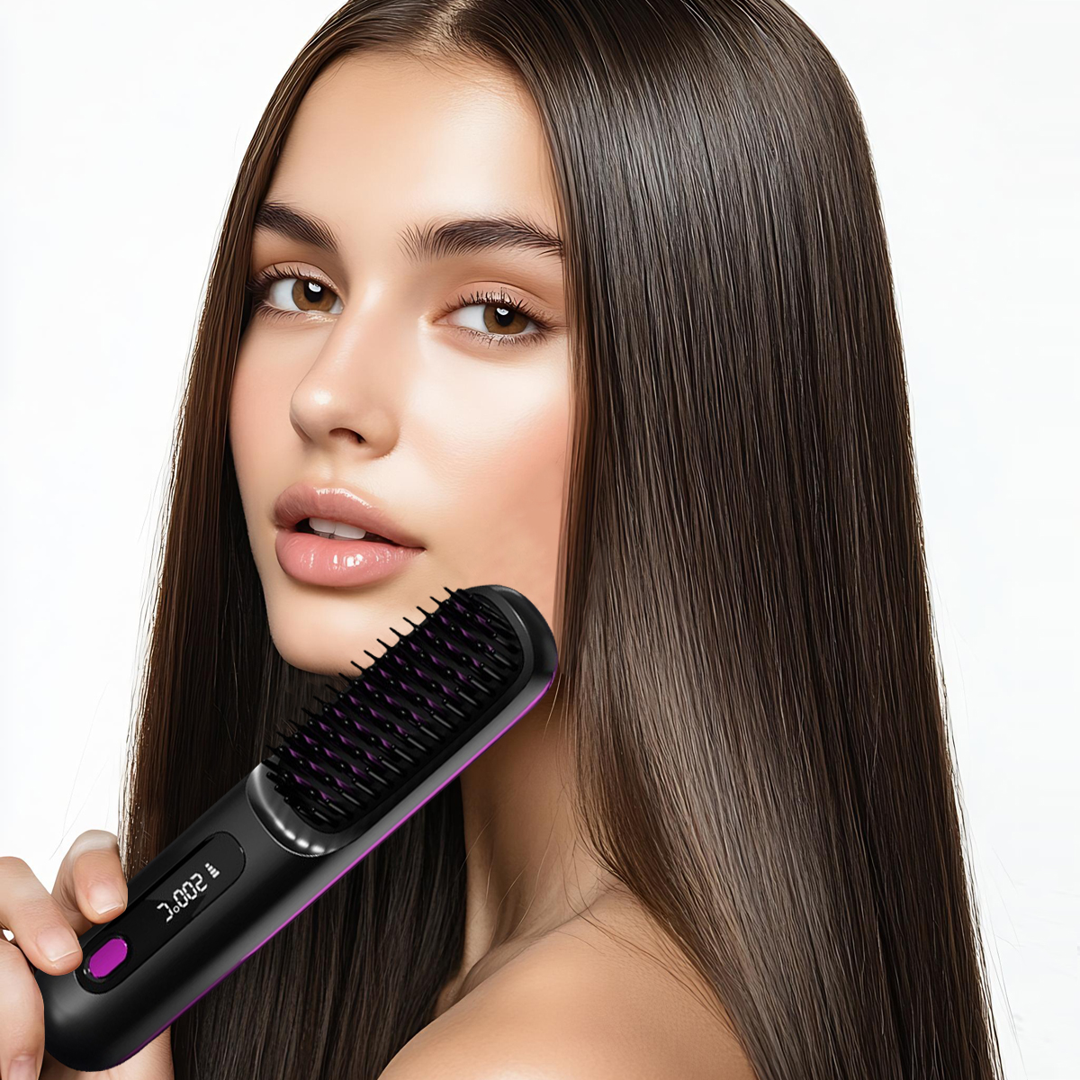 Eine Frau mit glattem braunen Haar hält eine schwarze Glättungsbürste mit Display und violetten Akzenten.