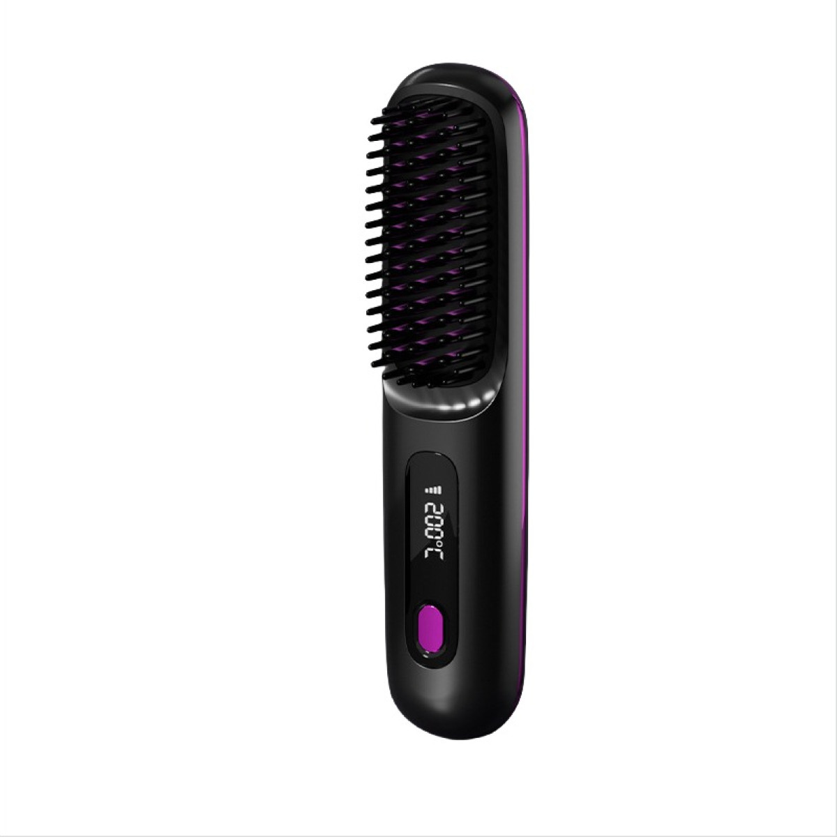 Eine schwarze Haarglättungsbürste mit violetter Kante, digitalem Display und Bedienknopf auf weißem Hintergrund.