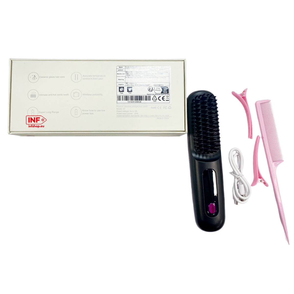 Eine schwarze Haarglättungsbürste, Box, rosa Kamm, zwei Haarklammern und ein weißes Ladekabel auf weißer Fläche.