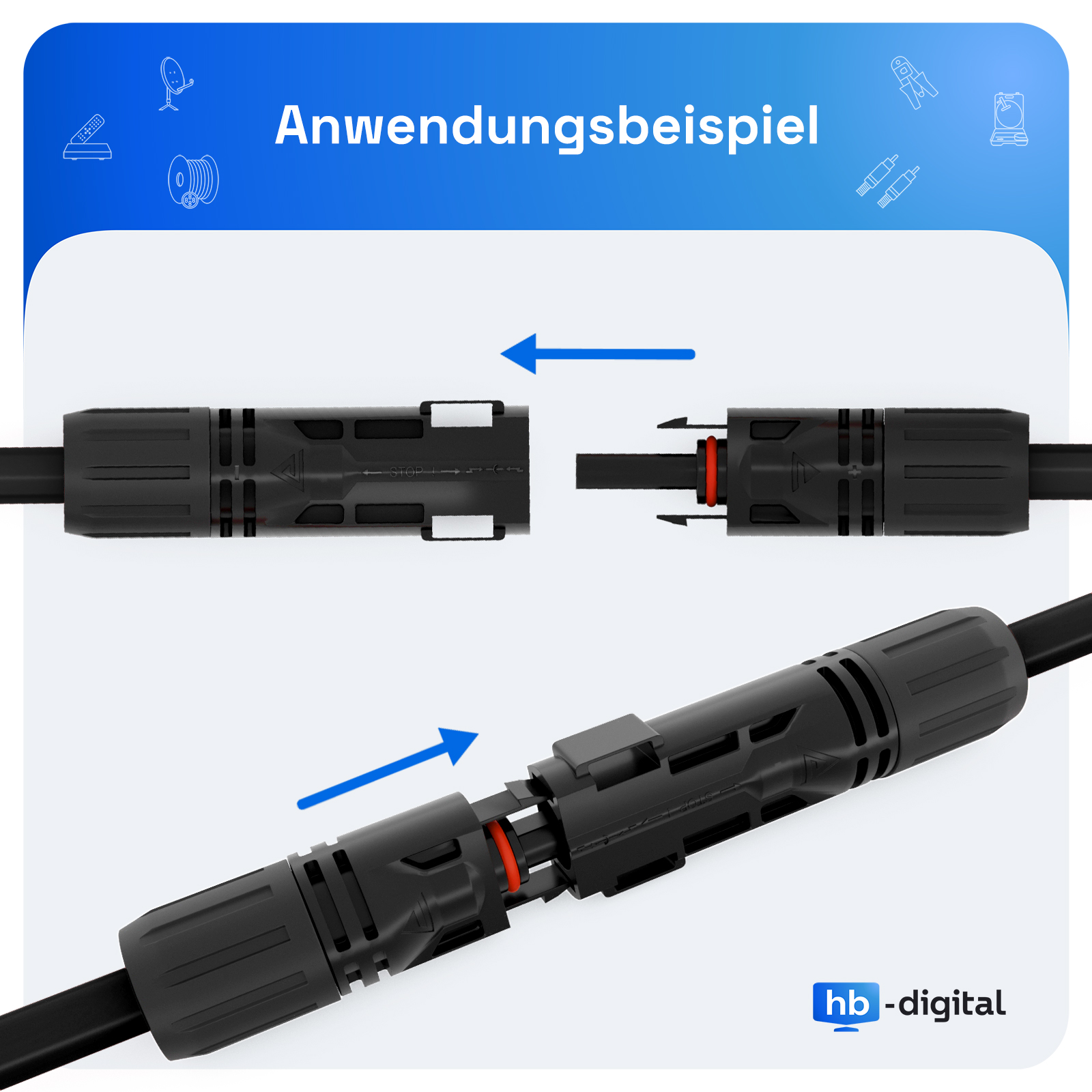 Anwendungsbeispiel: Zwei schwarze Solar-Steckverbinder werden verbunden, gezeigt in zwei Schritten mit blauen Pfeilen.