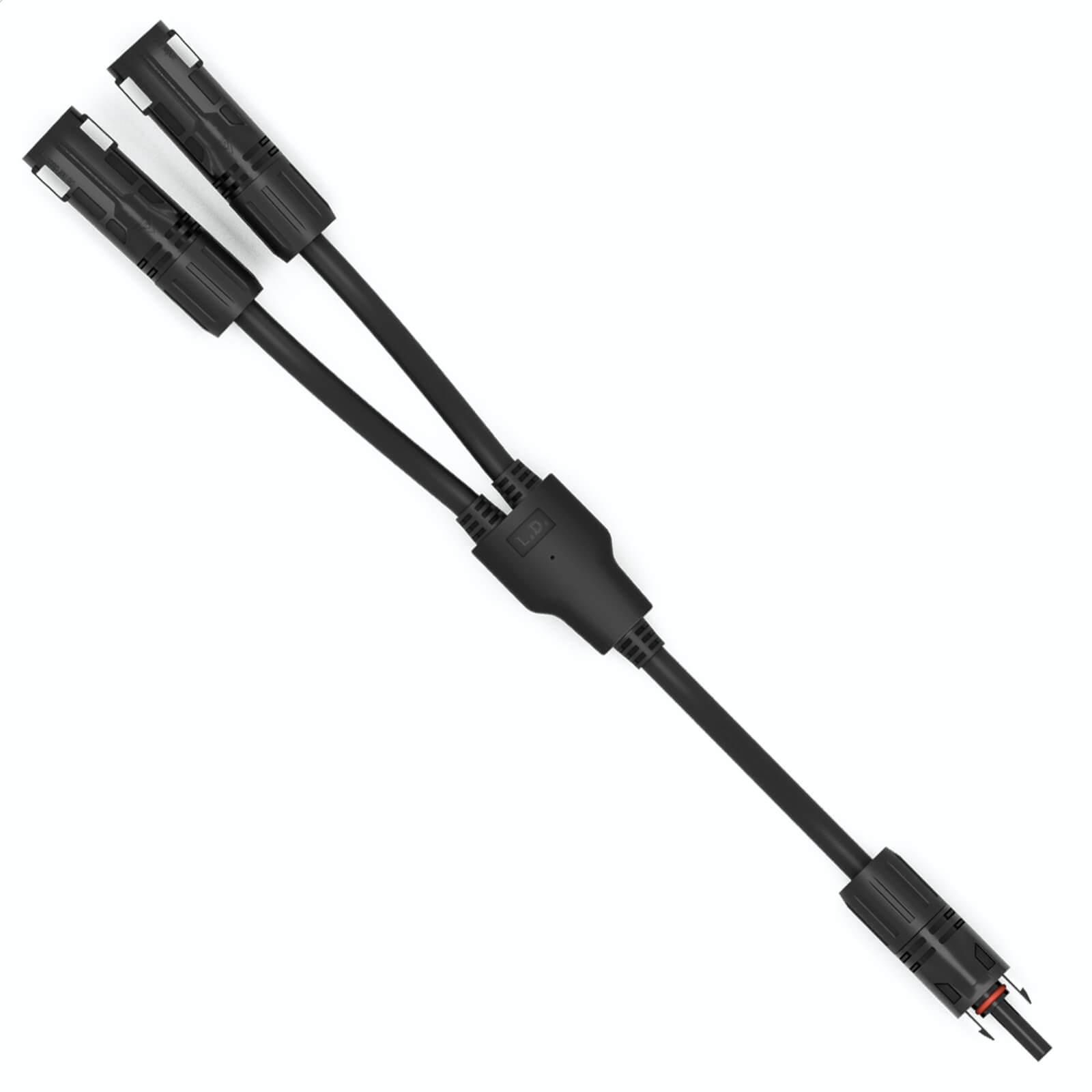 Ein schwarzes Y-förmiges Solarkabel mit zwei Anschlüssen oben und einem unten auf weißem Hintergrund.