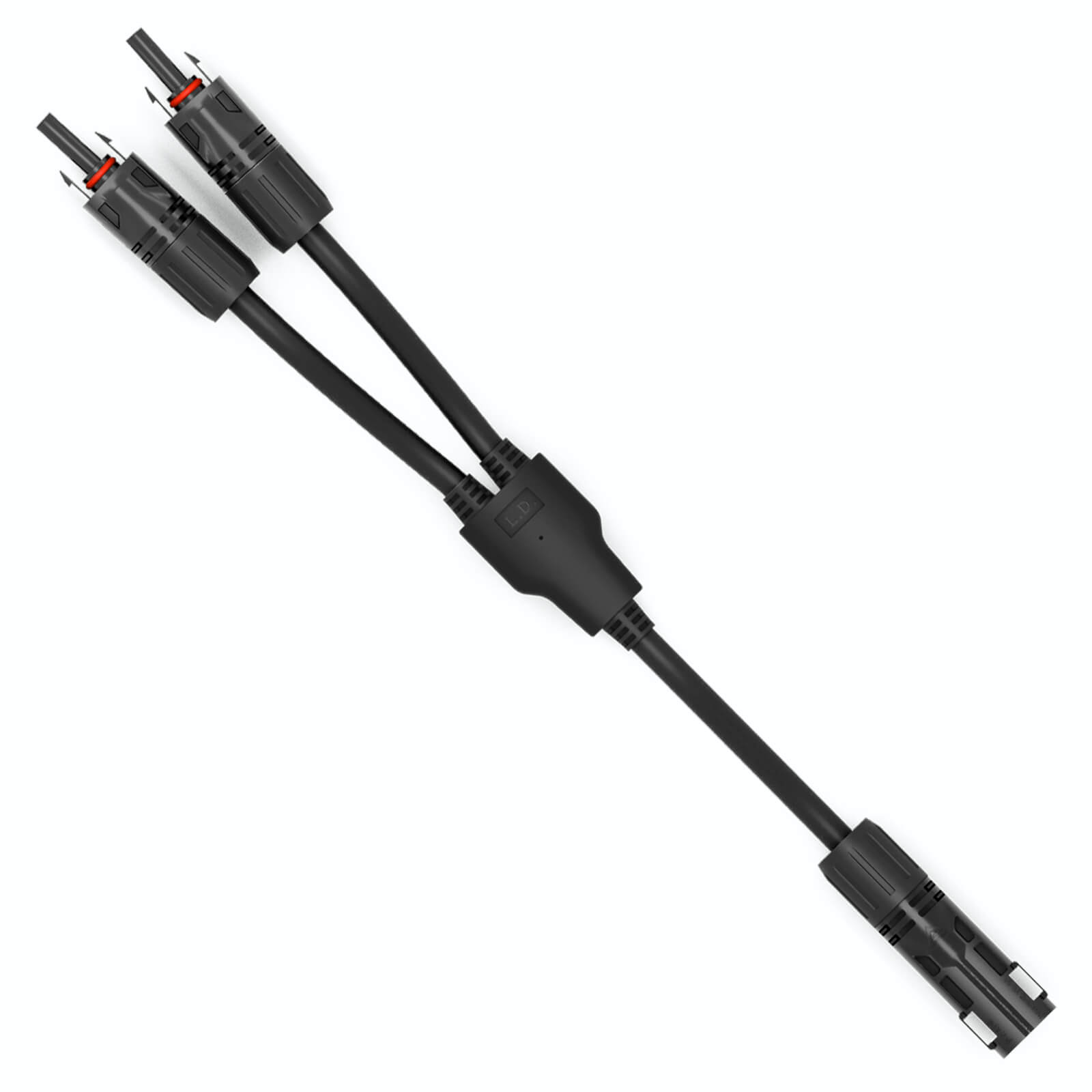Ein schwarzes Y-Kabel mit zwei Steckern, die sich zu einer Buchse verzweigen, vor weißem Hintergrund.