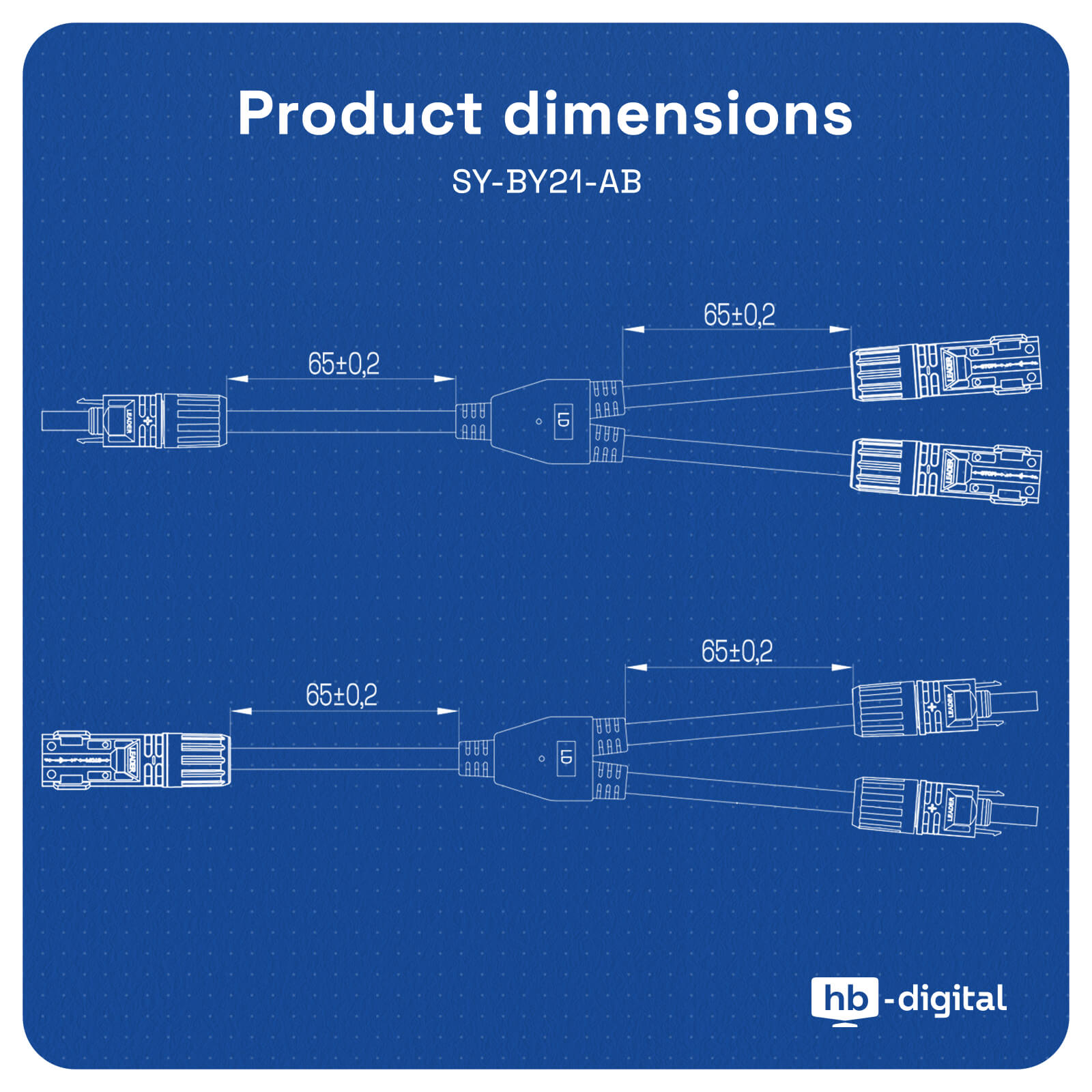 Blaues technisches Diagramm mit Produktabmessungen für das Kabel SY-BY21-AB mit Anschlüssen.
