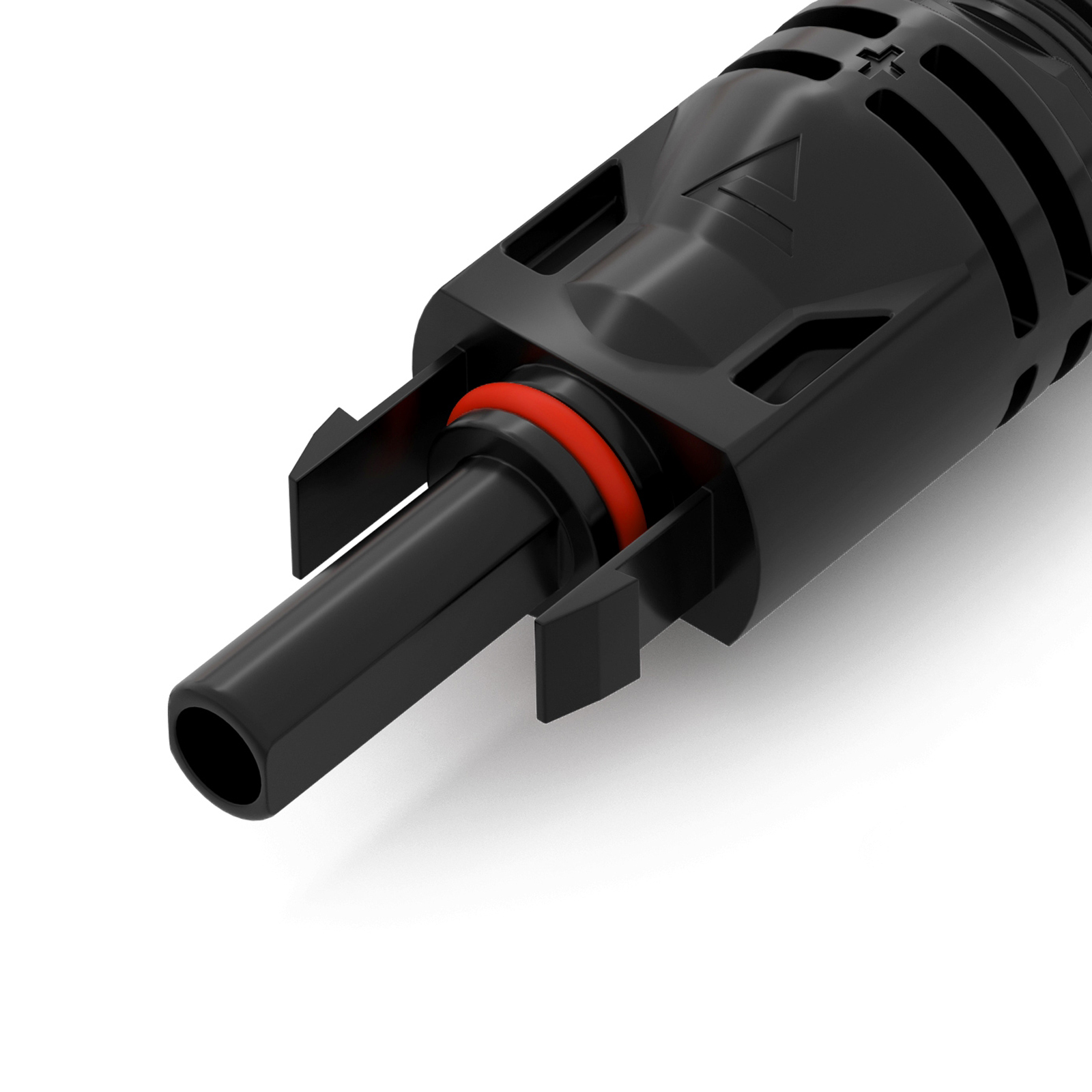 Nahaufnahme eines schwarzen Steckers mit rotem O-Ring und Pfeilen auf weißem Hintergrund.