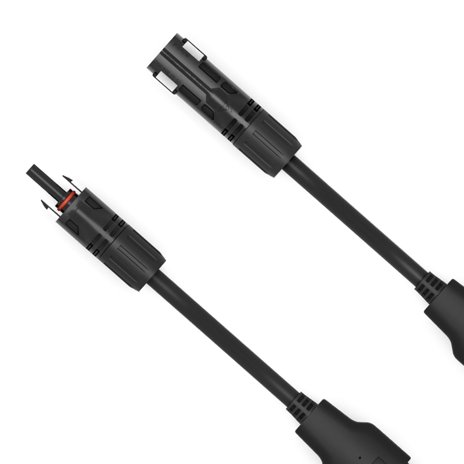 Zwei schwarze Solarkabel mit MC4-Steckverbindern auf weißem Hintergrund.