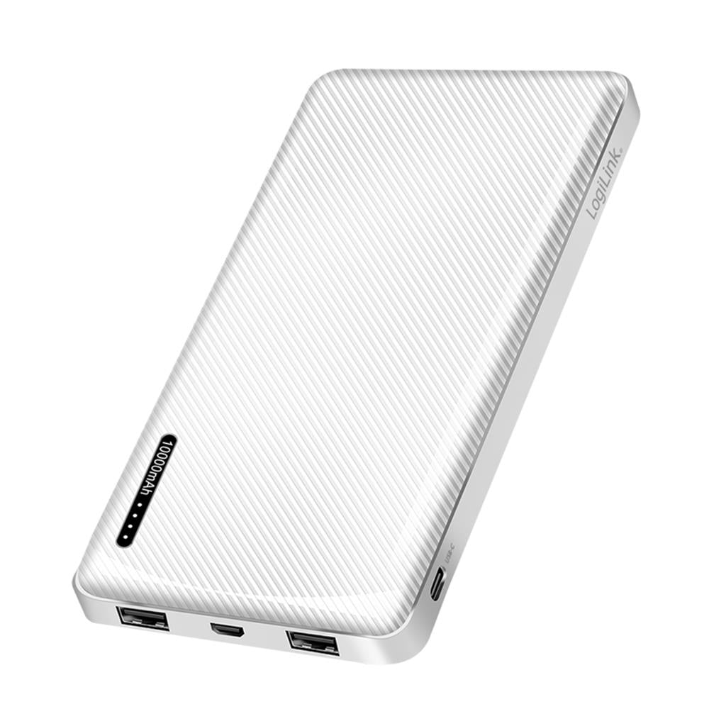 Eine weiße LogiLink Powerbank mit 10000mAh, diagonalem Muster und USB-Anschlüssen.