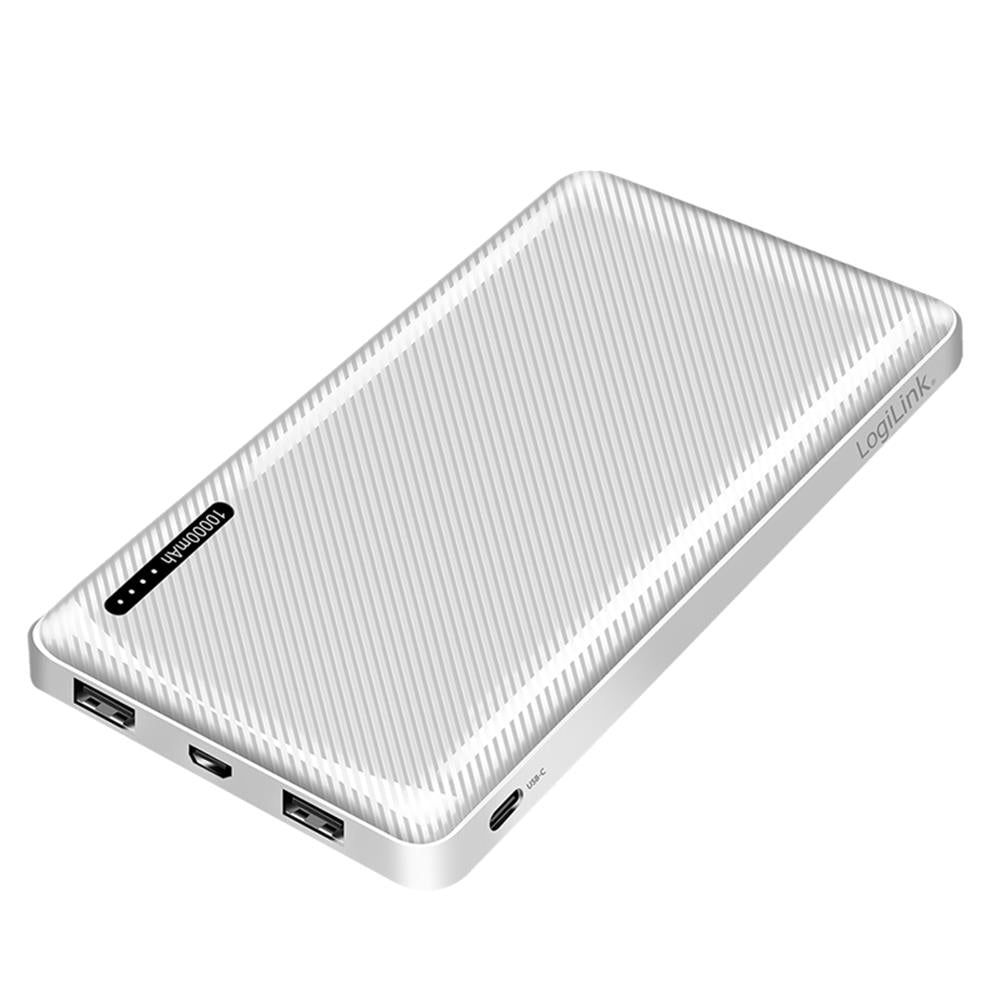Eine weiße LogiLink Powerbank mit gerippter Oberfläche, vier USB-Anschlüssen und 10000mAh Kapazität.