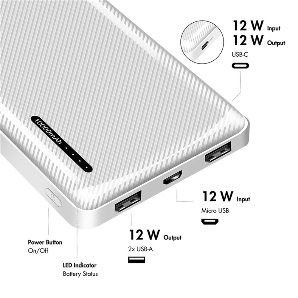 Weiße Powerbank mit 10000mAh, USB-A- und USB-C-Anschlüssen sowie LED-Anzeige.