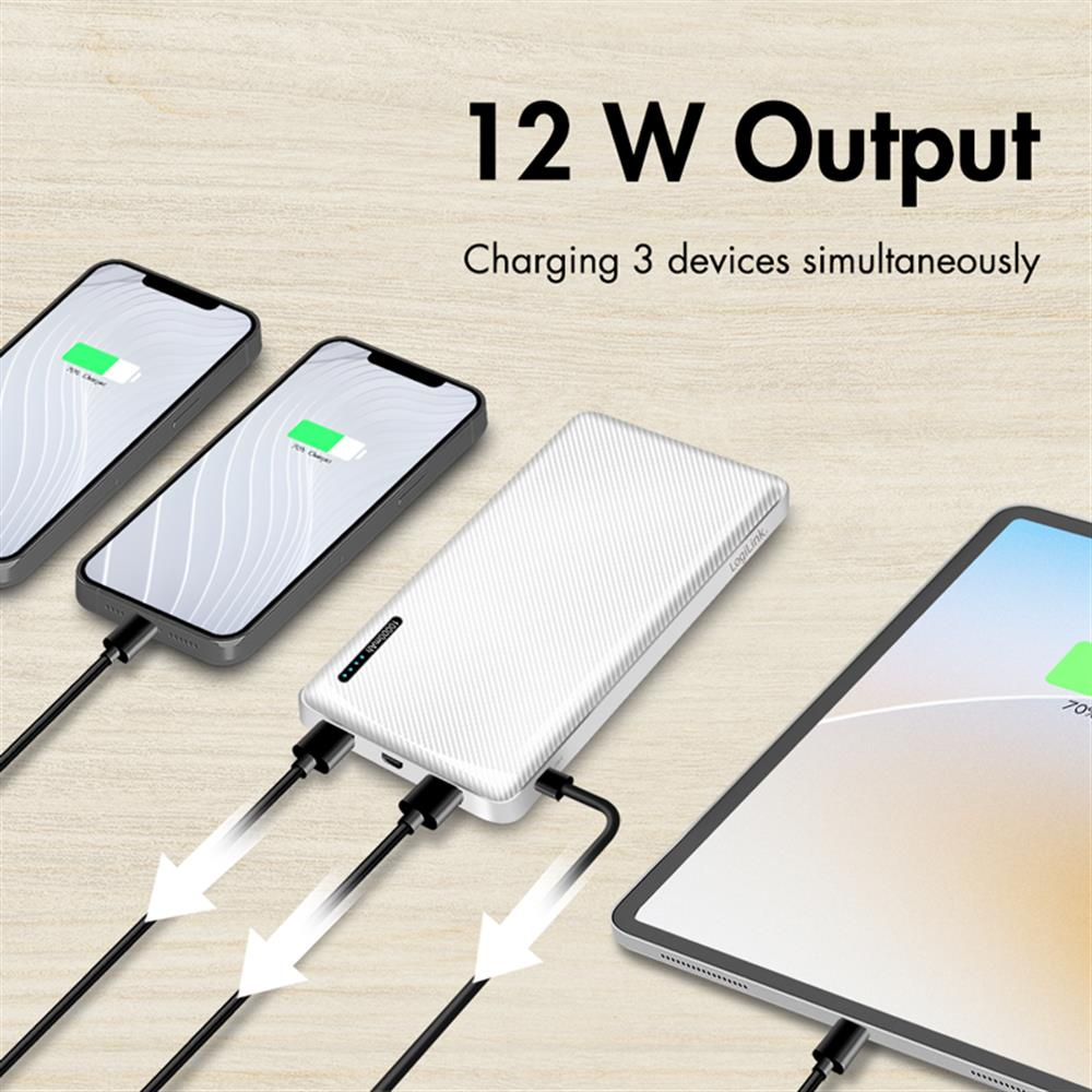 Eine weiße Powerbank lädt zwei Smartphones und ein Tablet gleichzeitig, mit Text über 12 W Ausgang.