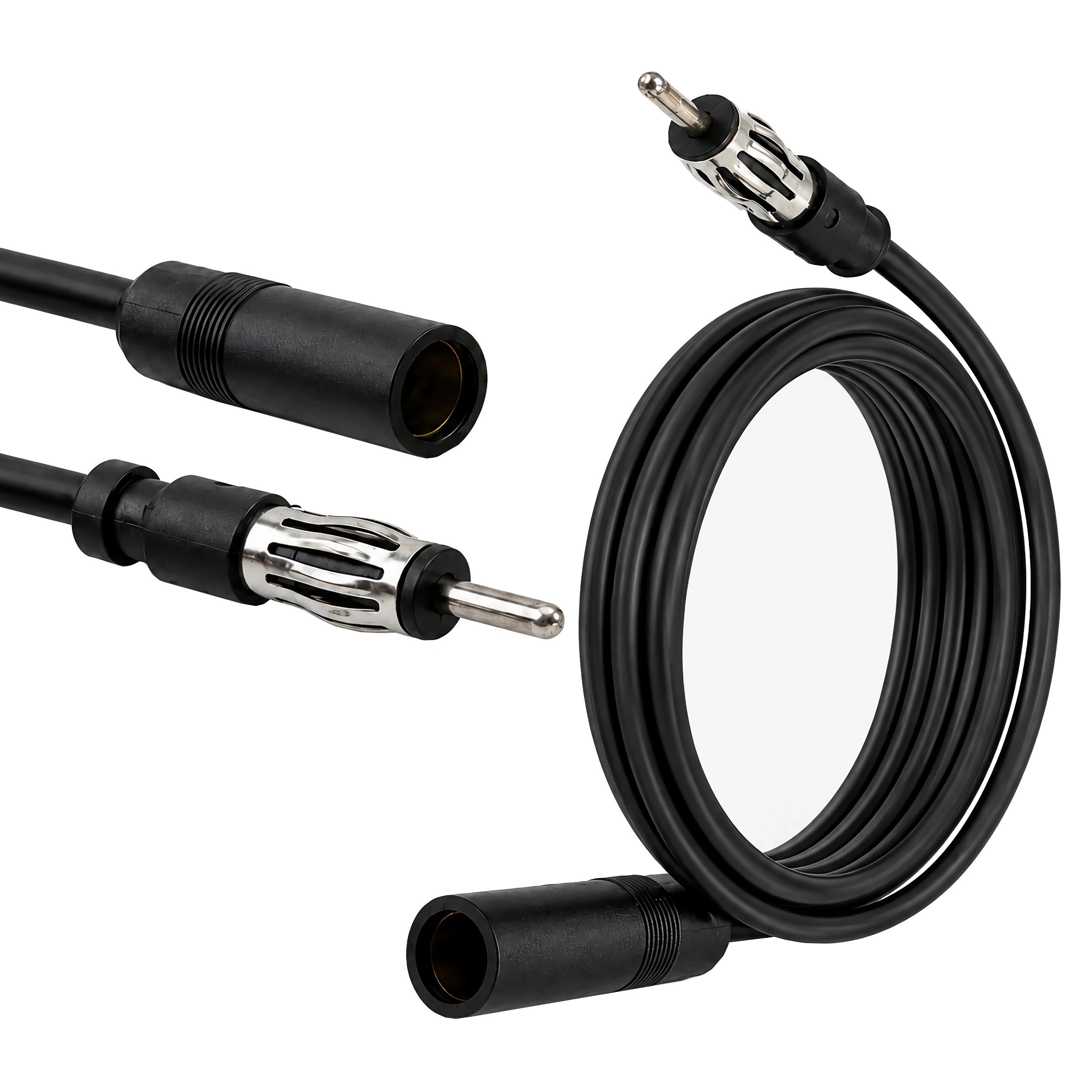 Schwarzes Antennenkabel mit Stecker und Buchse auf weißem Hintergrund.