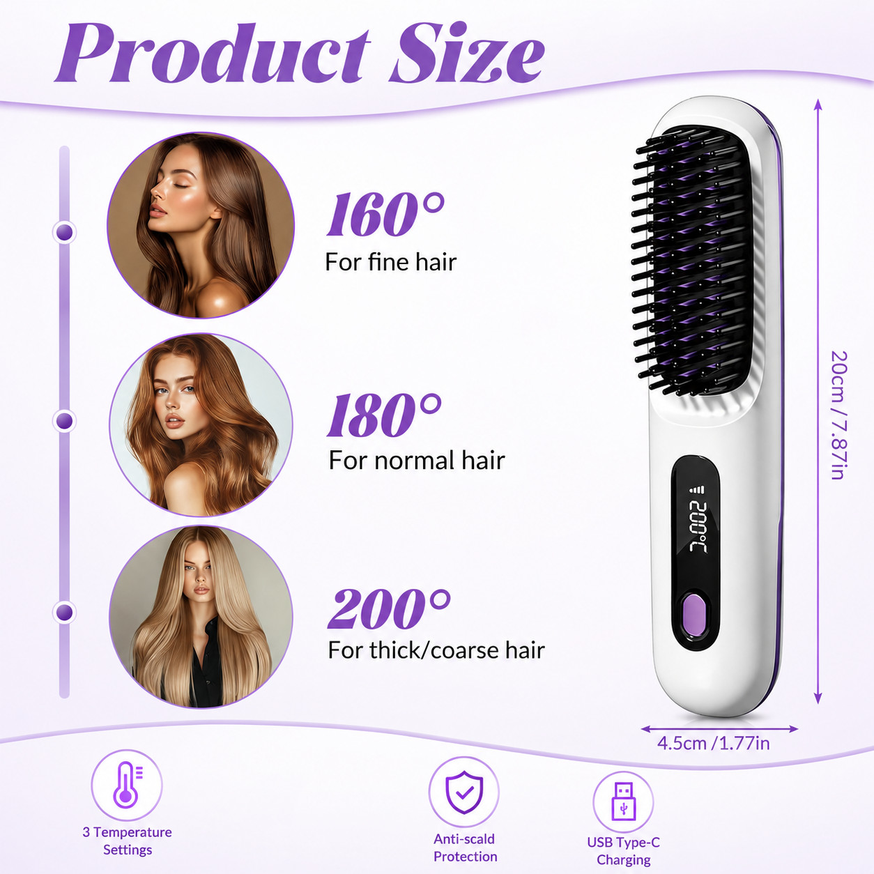 Produktgröße und Temperaturstufen einer weißen und violetten Haarglättungsbürste mit Längen- und Haarbildern.