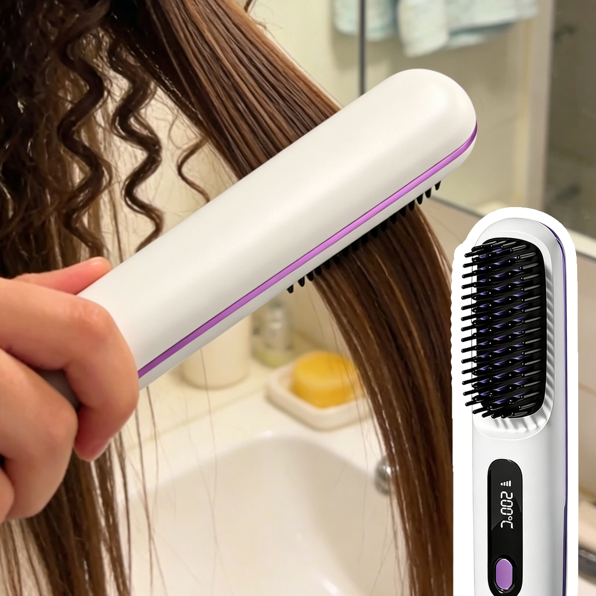 Person straightening curly hair with a white and purple straightening brush, bathroom background.