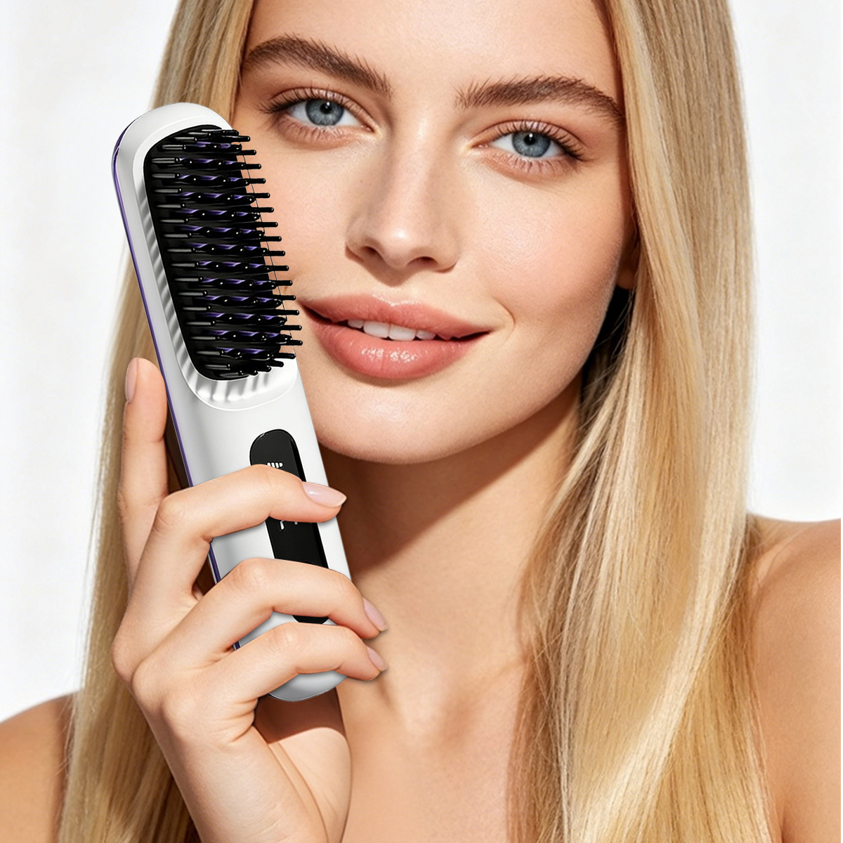 Eine blonde Frau hält eine weiße Haarglättungsbürste.