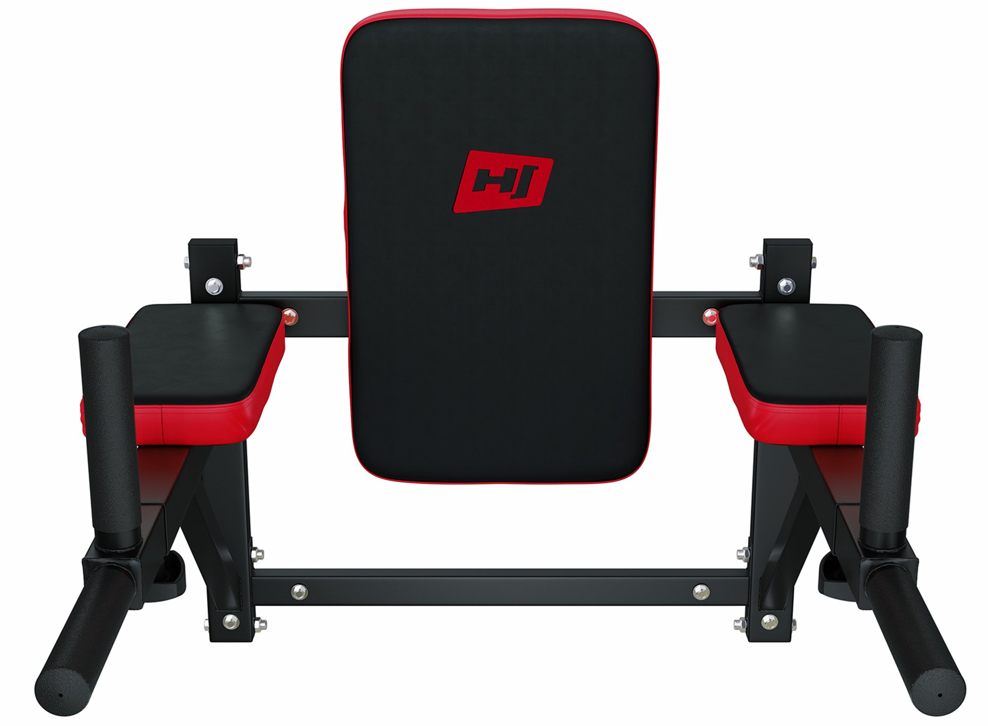 Eine schwarz-rote Fitness-Dip-Station mit Rückenlehne und Armpolstern vor weißem Hintergrund.
