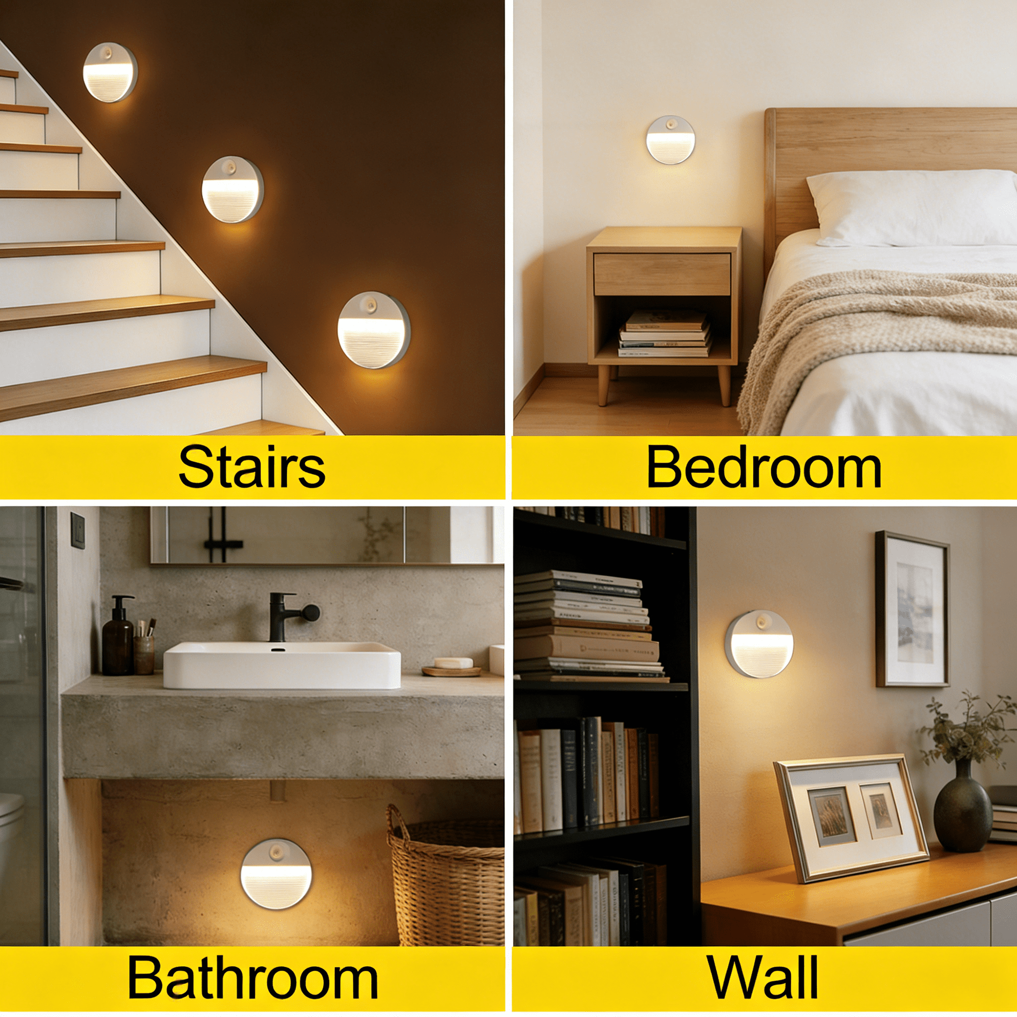 Vier Felder mit runden LED-Nachtlichtern an Wänden in Treppenhaus, Schlafzimmer, Bad und Flur.