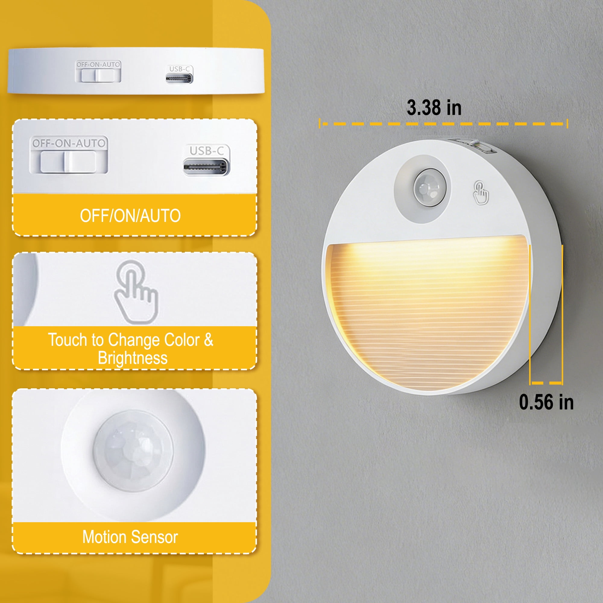 Runde weiße LED-Wandleuchte mit Bewegungssensor, USB-C-Anschluss und Maßen von 3,38 Zoll mal 0,56 Zoll.