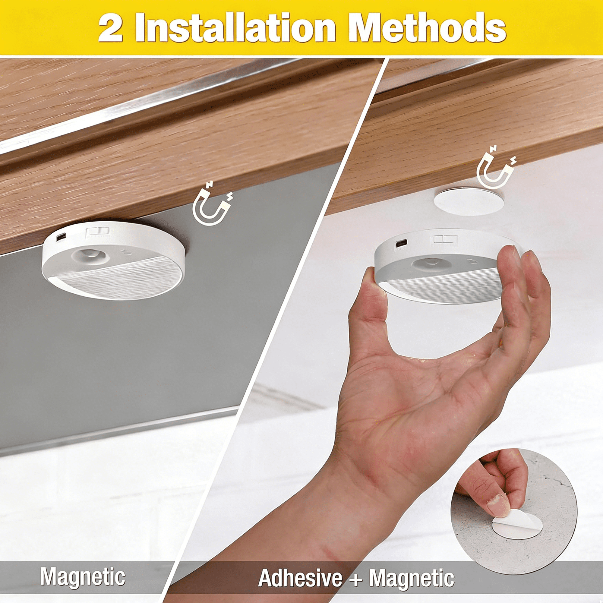 Zeigt zwei Installationsmethoden für eine weiße runde Leuchte: magnetisch und Klebeband mit Magnethalterung.