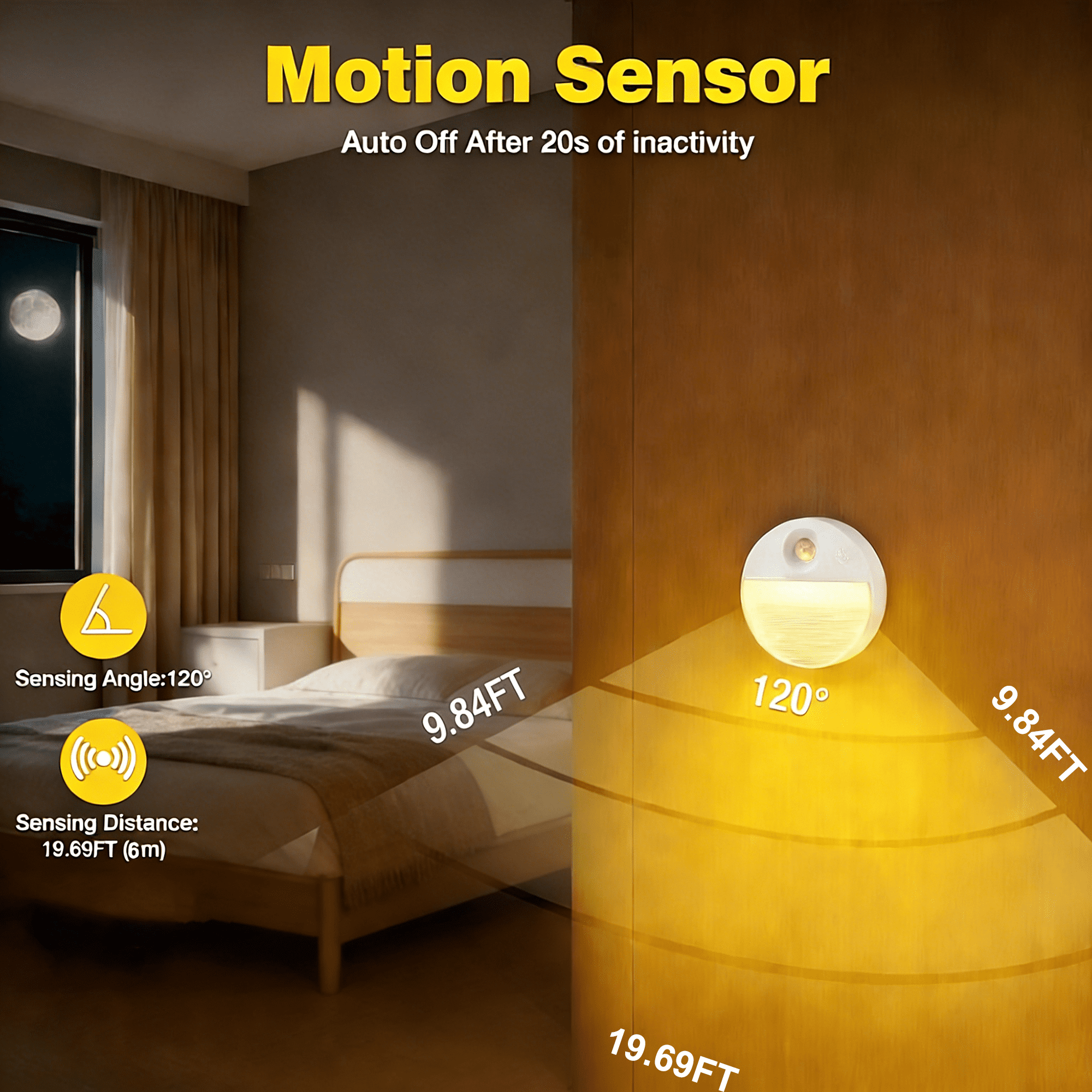 Ein weißer Bewegungsmelder an einer Holzwand wirft einen warmgelben Lichtstrahl in ein Schlafzimmer.
