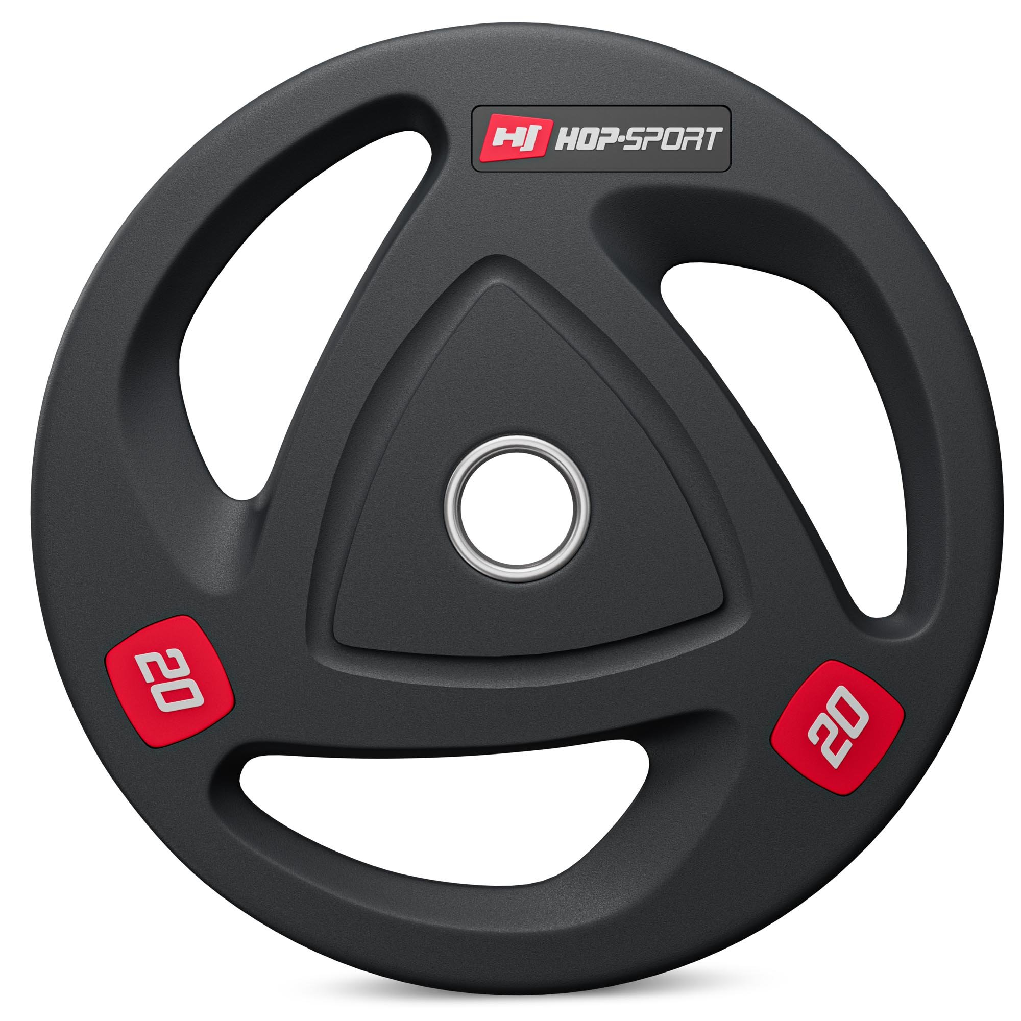 Schwarze Hop-Sport Hantelscheibe, 20 kg, mit drei Griffen und roten Markierungen.