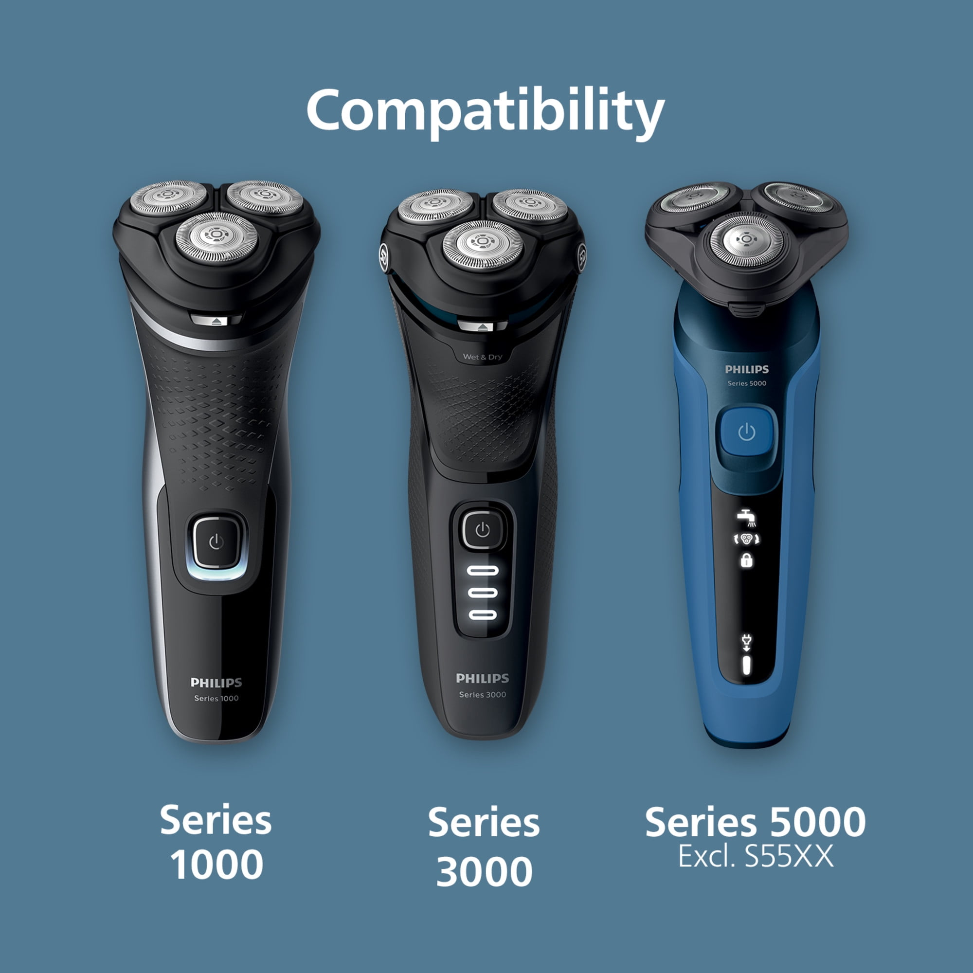 Drei Philips Elektrorasierer Series 1000, 3000 und 5000 vor blauem Hintergrund.