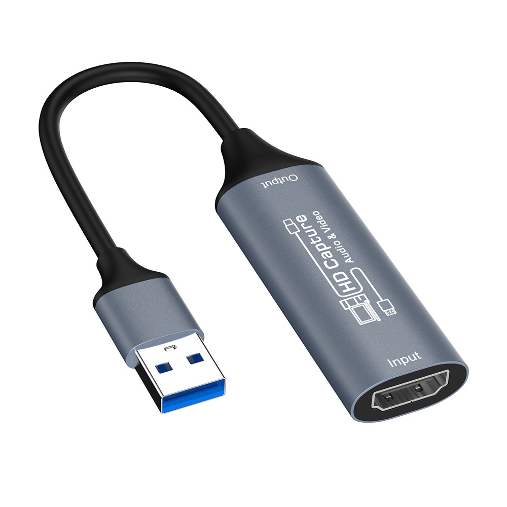 Ein grauer HDMI-zu-USB-Video-Capture-Kartenadapter mit schwarzem Kabel und USB-3.0-Anschluss.
