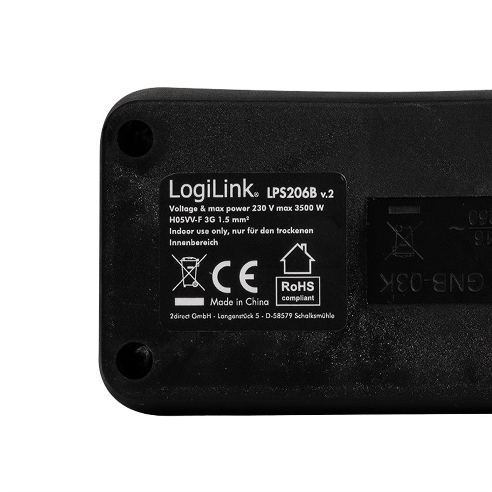 Label auf einem schwarzen LogiLink LPS206B v.2 Gerät mit CE- und RoHS-Symbolen.