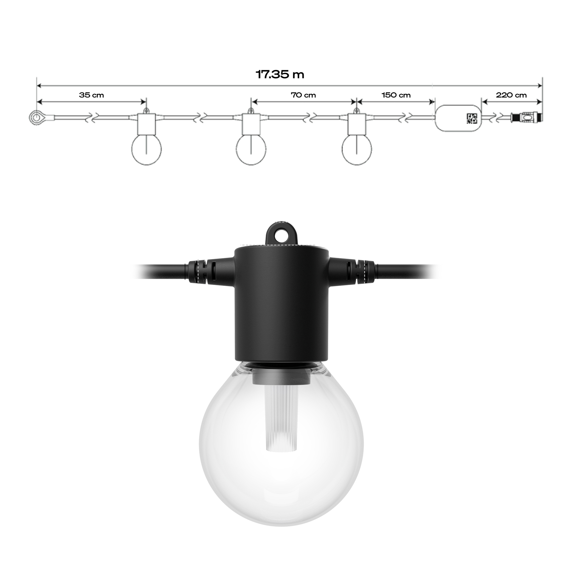 Dessin technique d'une guirlande lumineuse de 17,35m avec dimensions et gros plan d'une douille.