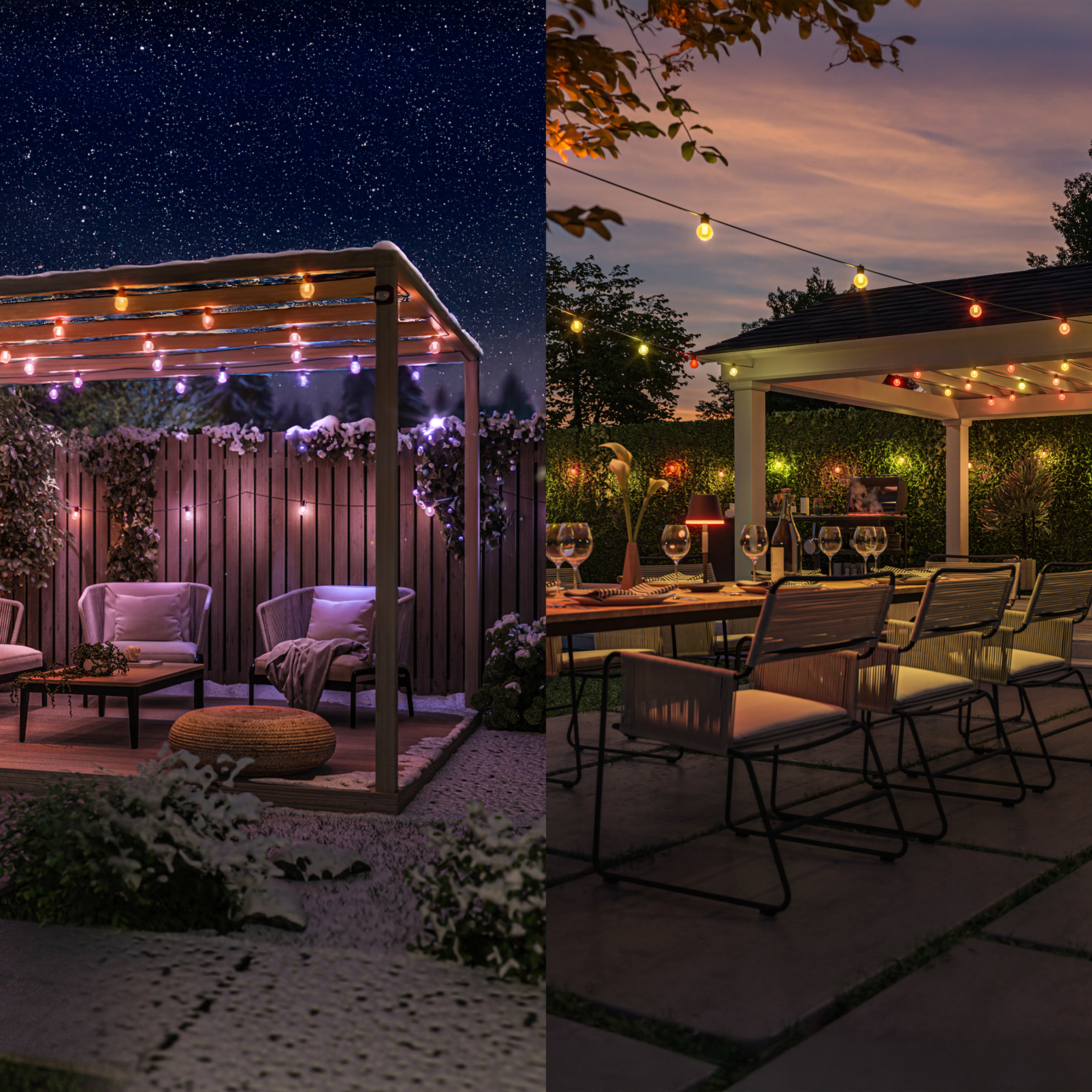 Vue partagée: nuit d'hiver avec pergola illuminée, et crépuscule d'été avec table dressée sous des guirlandes.