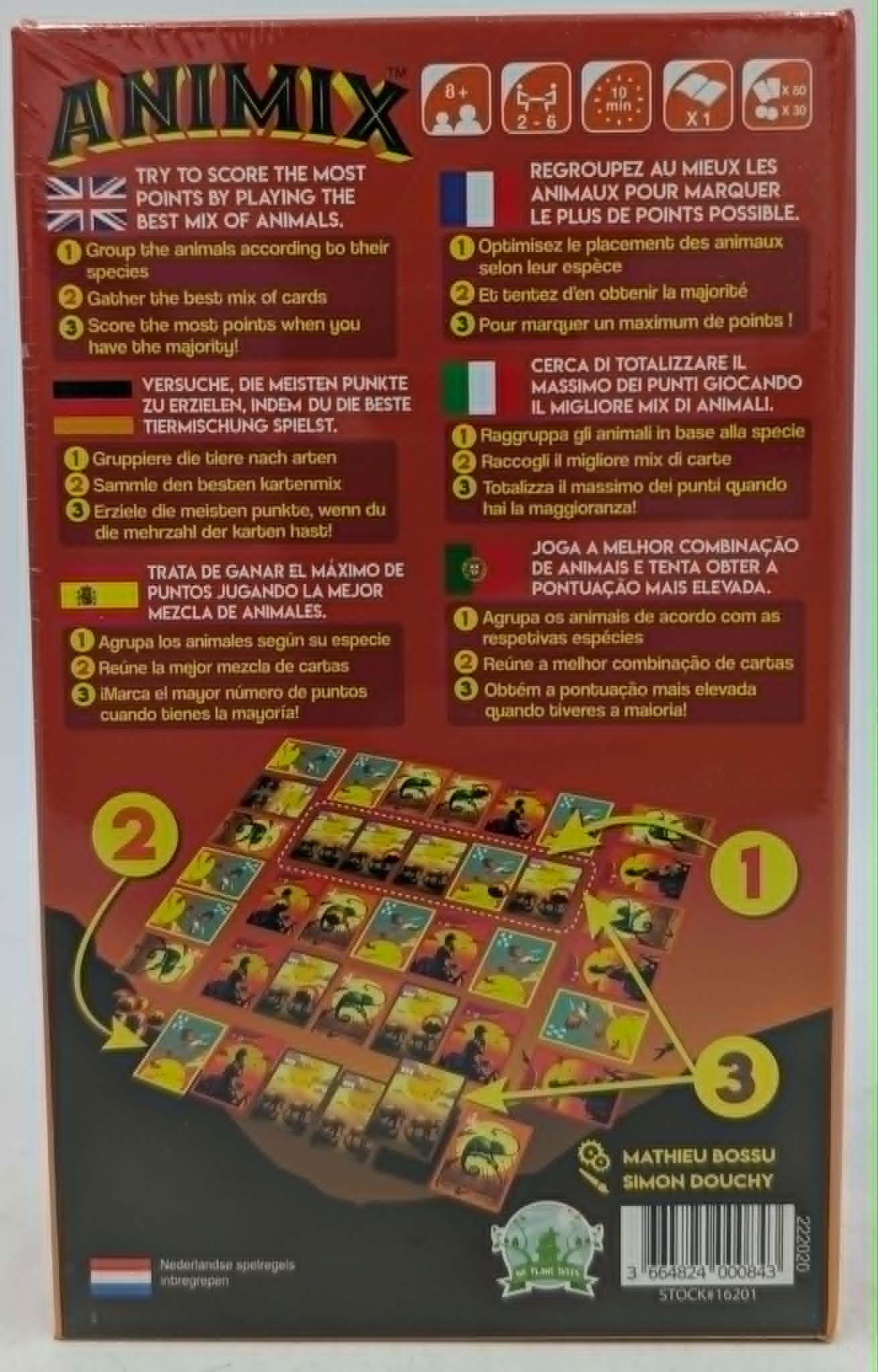 Parte trasera de la caja del juego de cartas Animix con reglas y descripciones multilingües.