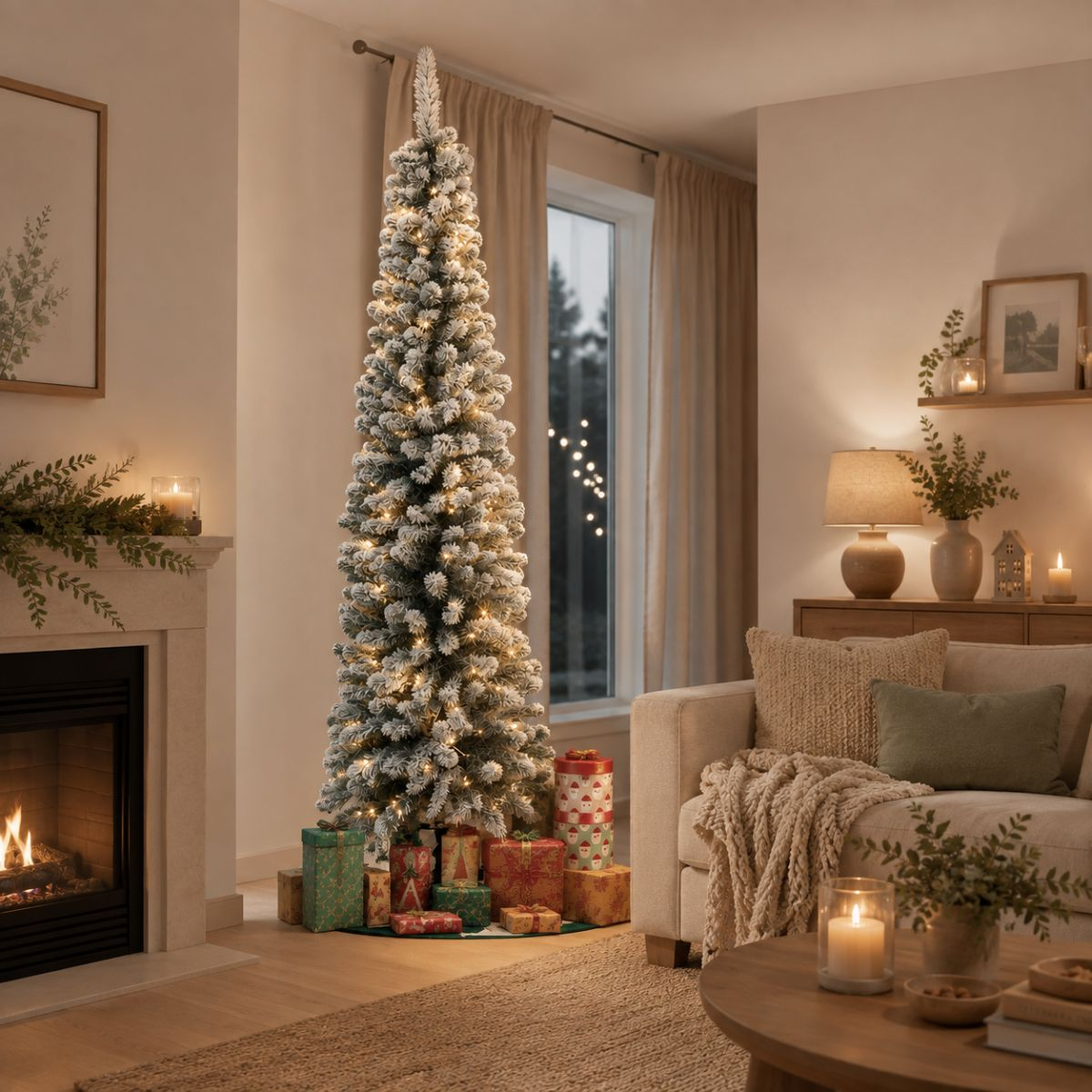 A lit, snowy Christmas tree stands next to a cozy fireplace and sofa in a bright living room.