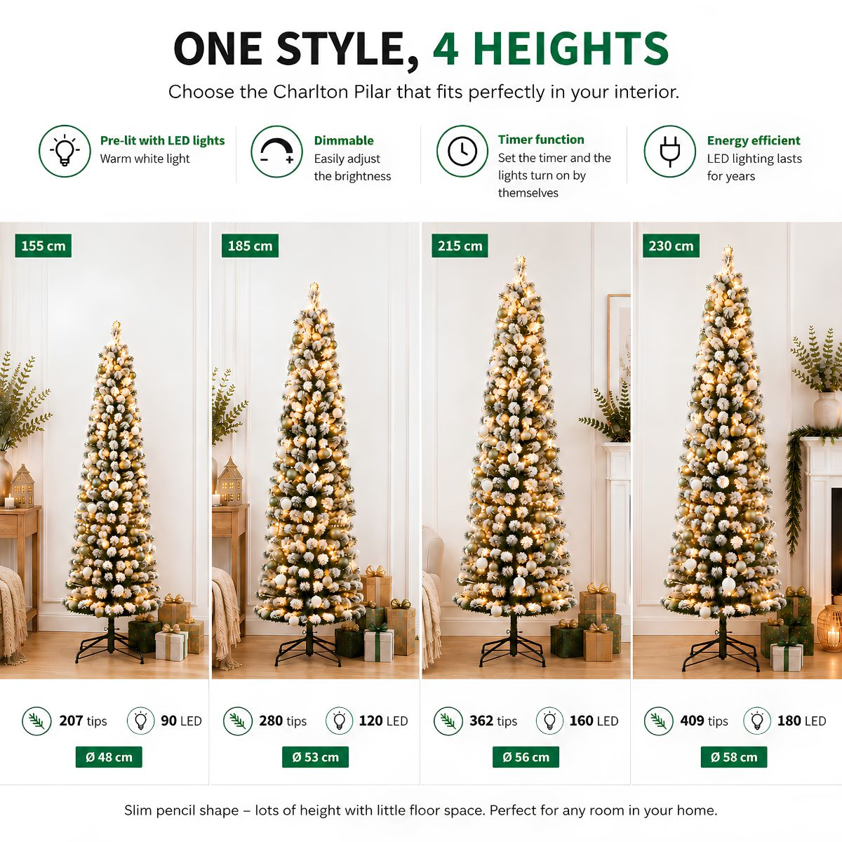 An infographic showing four slim pre-lit Christmas trees of different heights, tips, and LED counts for home decor.