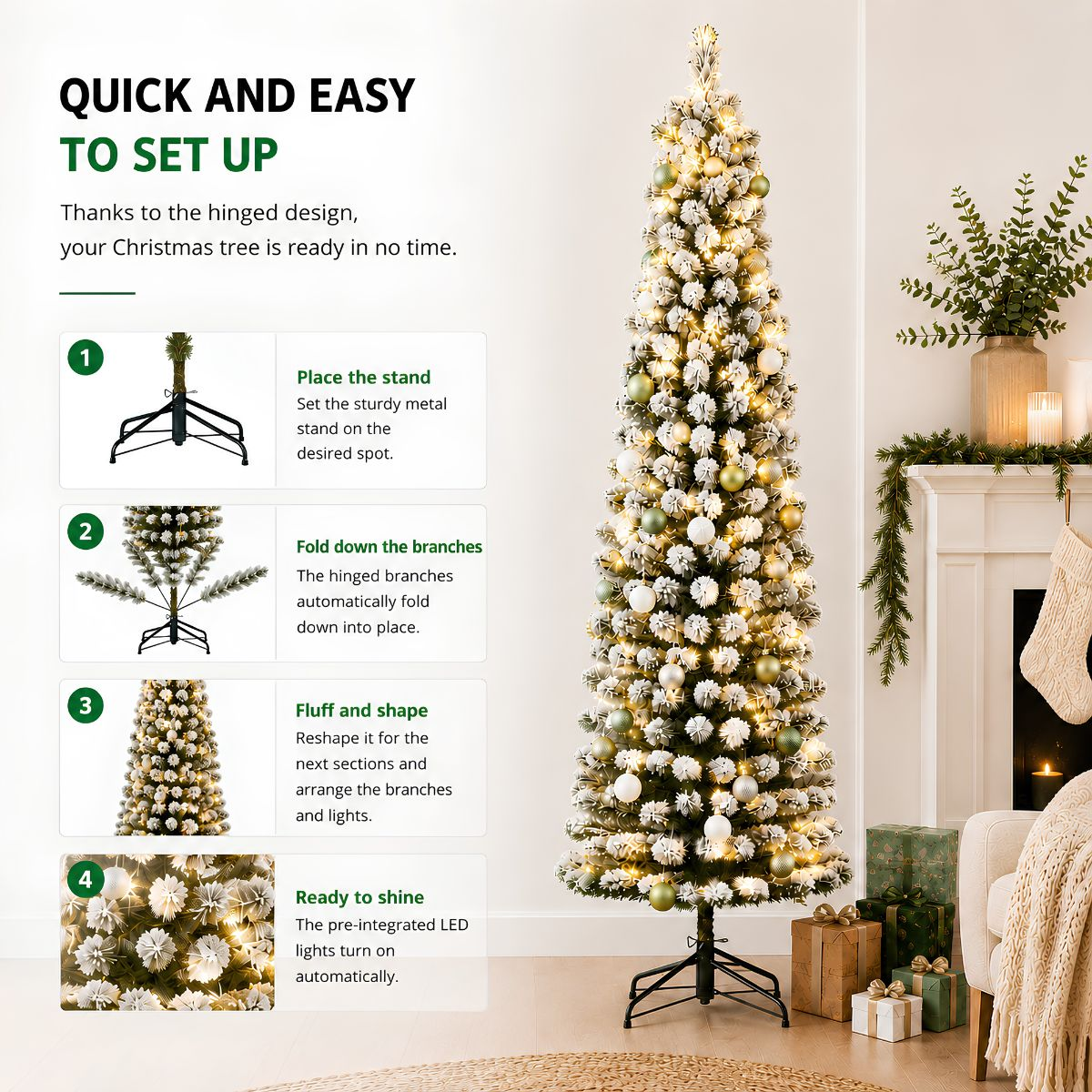 A tall decorated Christmas tree next to steps showing how to set it up easily.