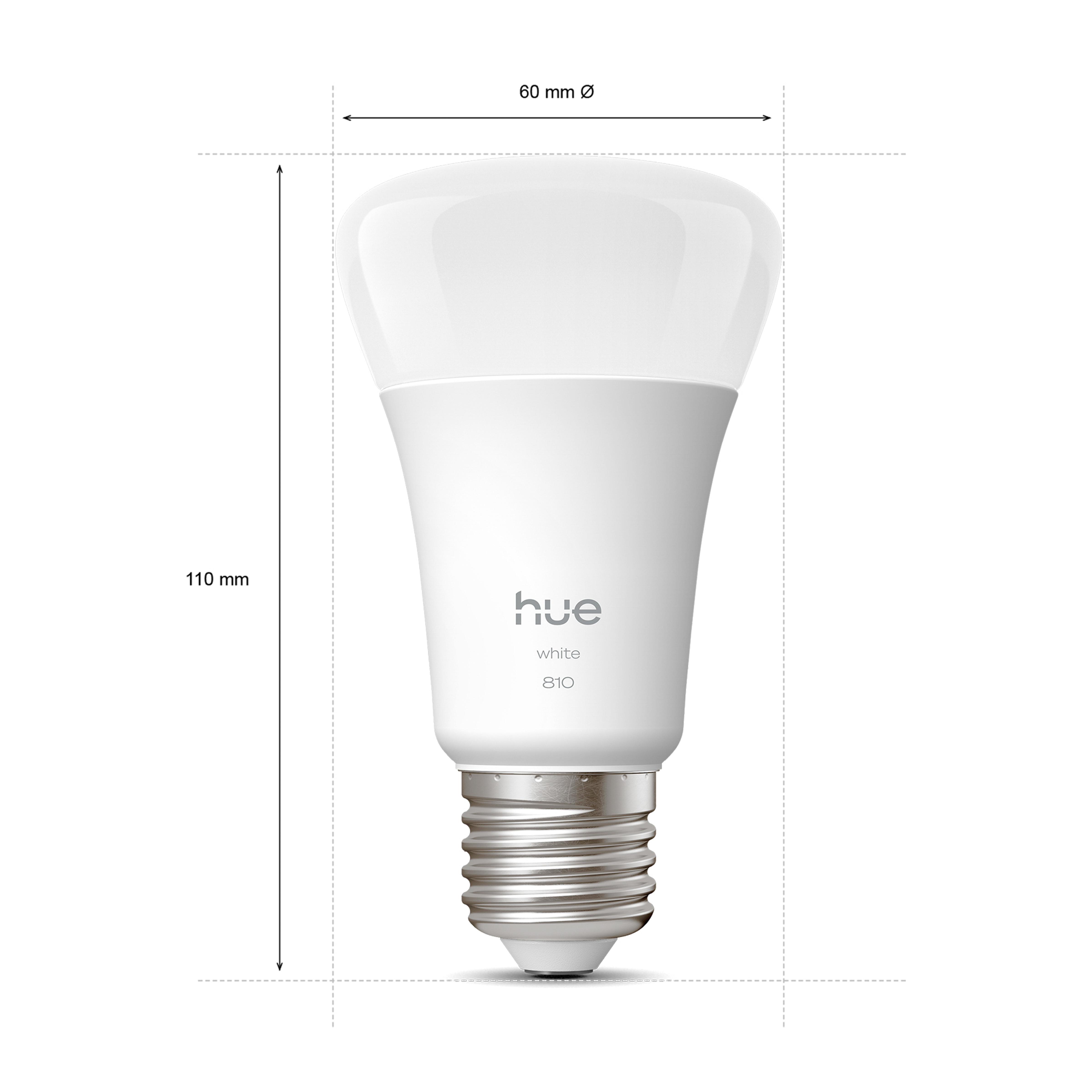 Philips Hue LED-Lampe mit Maßen von 110 mm Höhe und 60 mm Durchmesser.