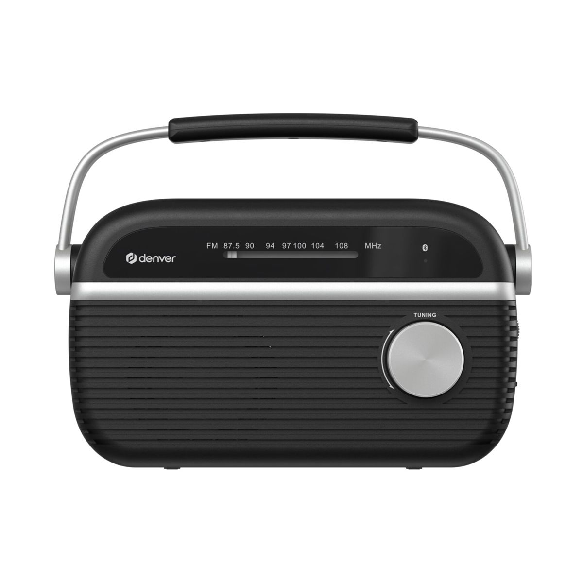 Ein schwarzes Denver-Radio mit silbernem Griff, Regler und Frequenzanzeige auf weißem Hintergrund.